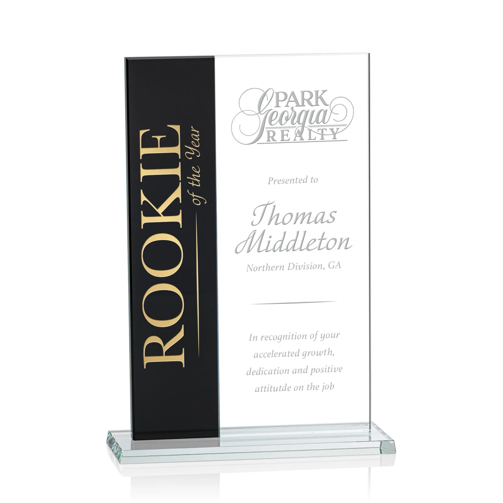 Custom Starfire and Teal Glass Panel Award, Fused Vertical Design, awards for company anniversary events