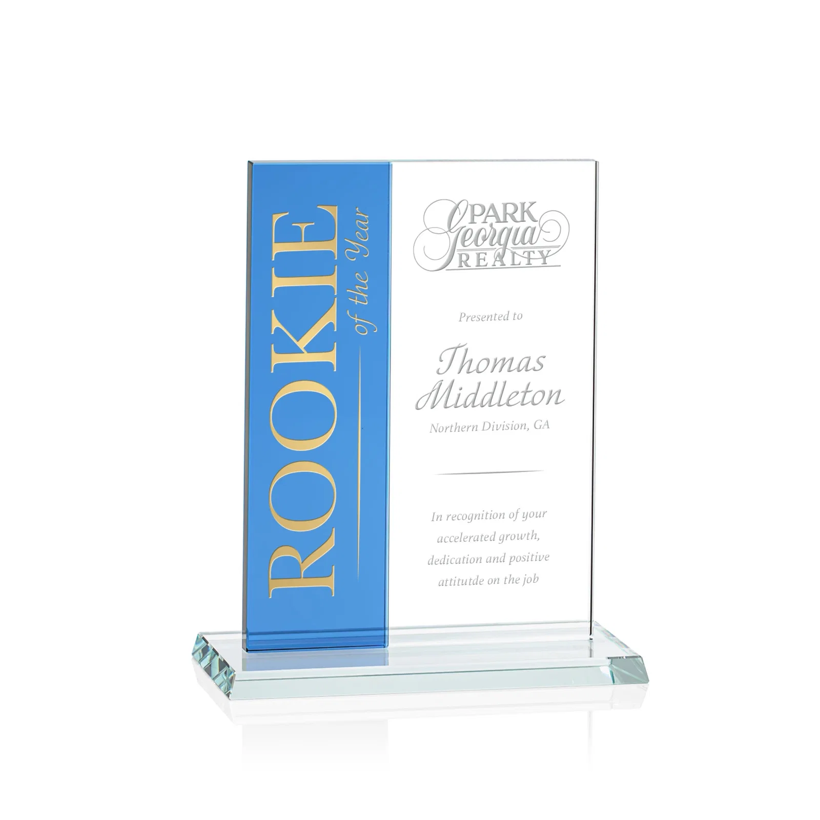 Personalized Starfire and Teal Glass Panel Award, Fused Vertical Design, awards for corporate award ceremonies