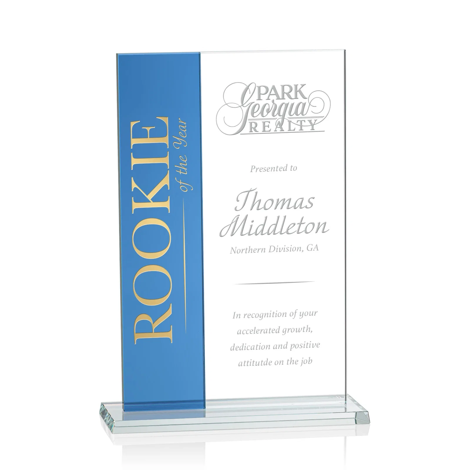 Personalized Starfire and Teal Glass Panel Award, Fused Vertical Design, awards for sales achievement awards