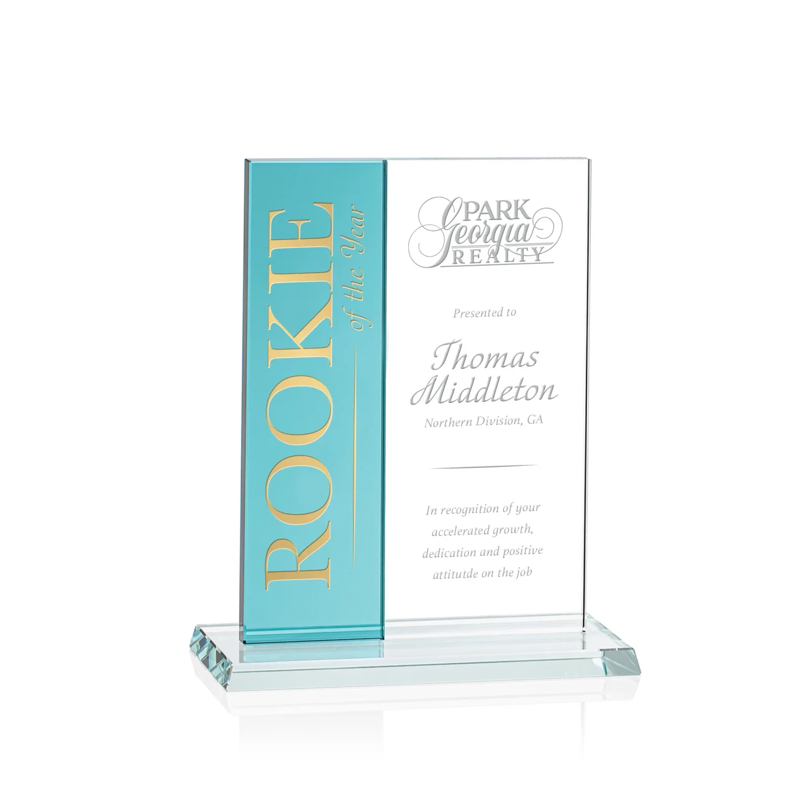 Custom Starfire and Teal Glass Panel Award, Fused Vertical Design, awards for corporate award ceremonies