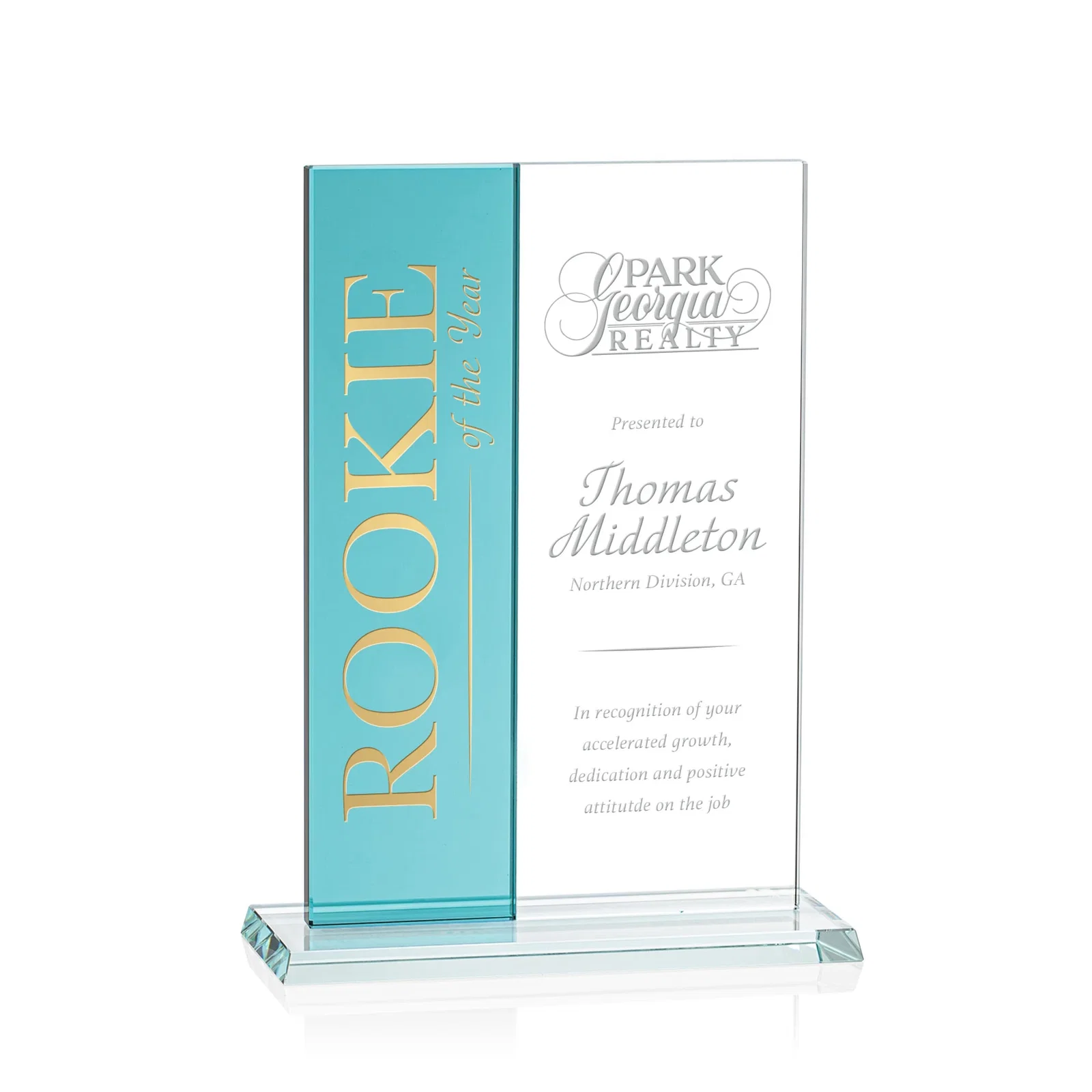 Custom Starfire and Teal Glass Panel Award, Fused Vertical Design, awards for service anniversary gifts