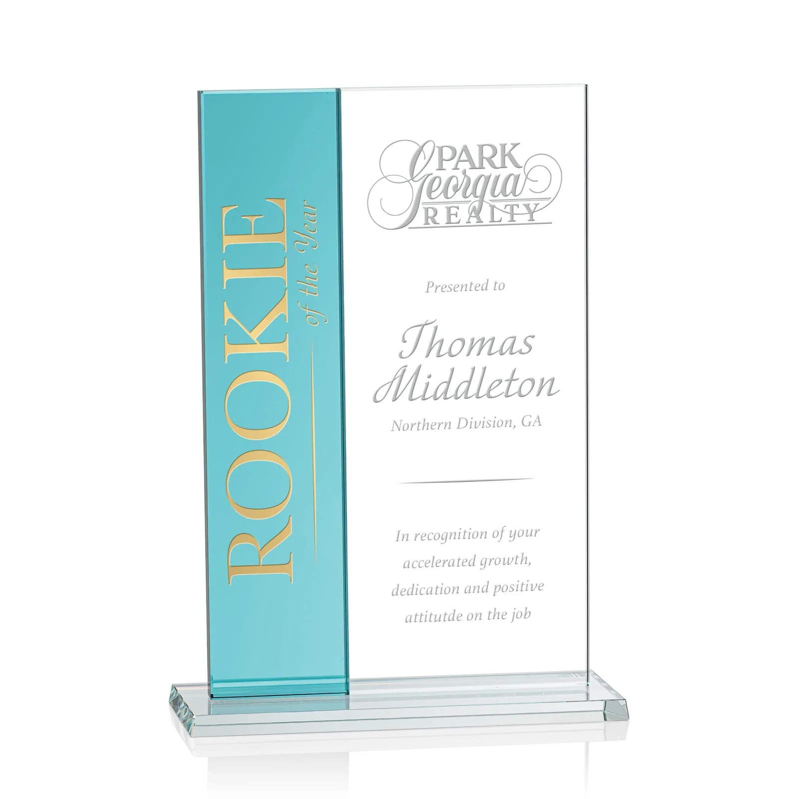Custom Starfire and Teal Glass Panel Award, Fused Vertical Design, awards for sales achievement awards