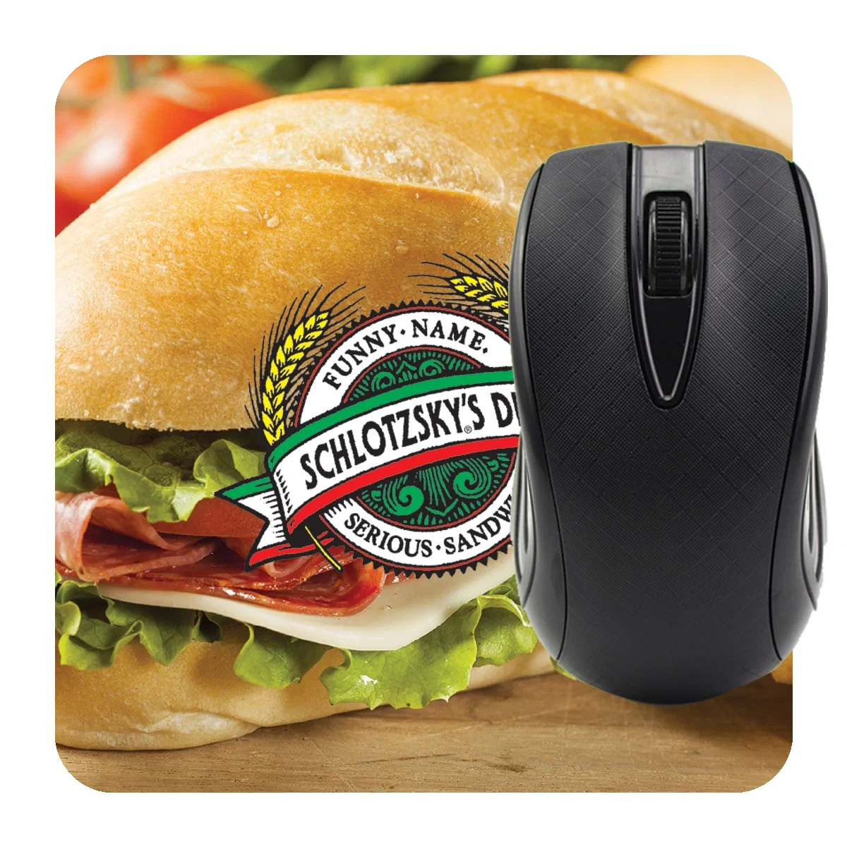Dye sublimated mouse pad measuring eight by seven inches