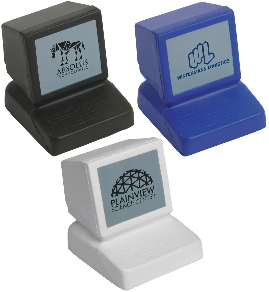 Desktop computer custom stress reliever front view, branded promotional squeeze toy for logo giveaways