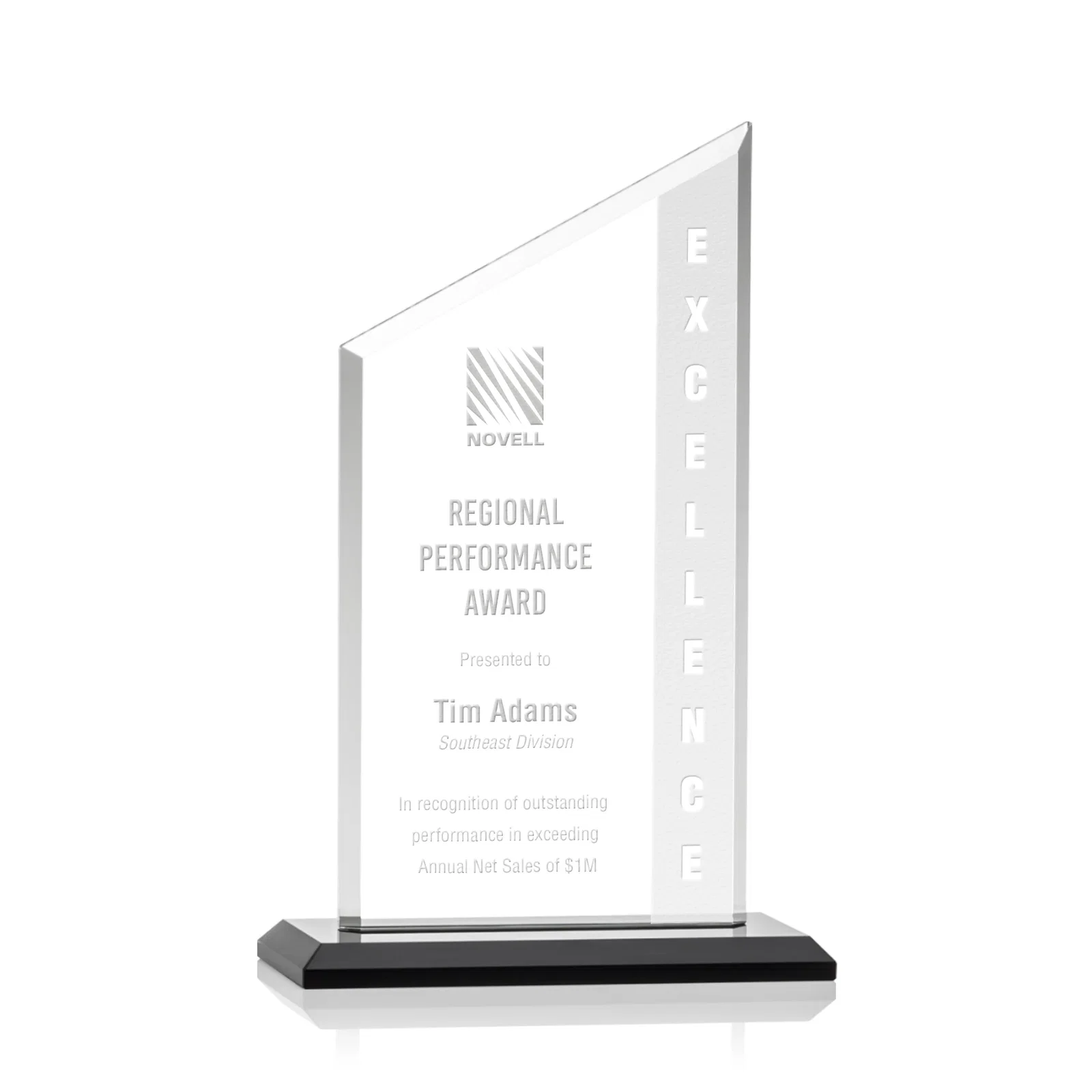 Custom Starfire Crystal Slant-Top Award on a Matching Beveled Base for dealer and partner awards