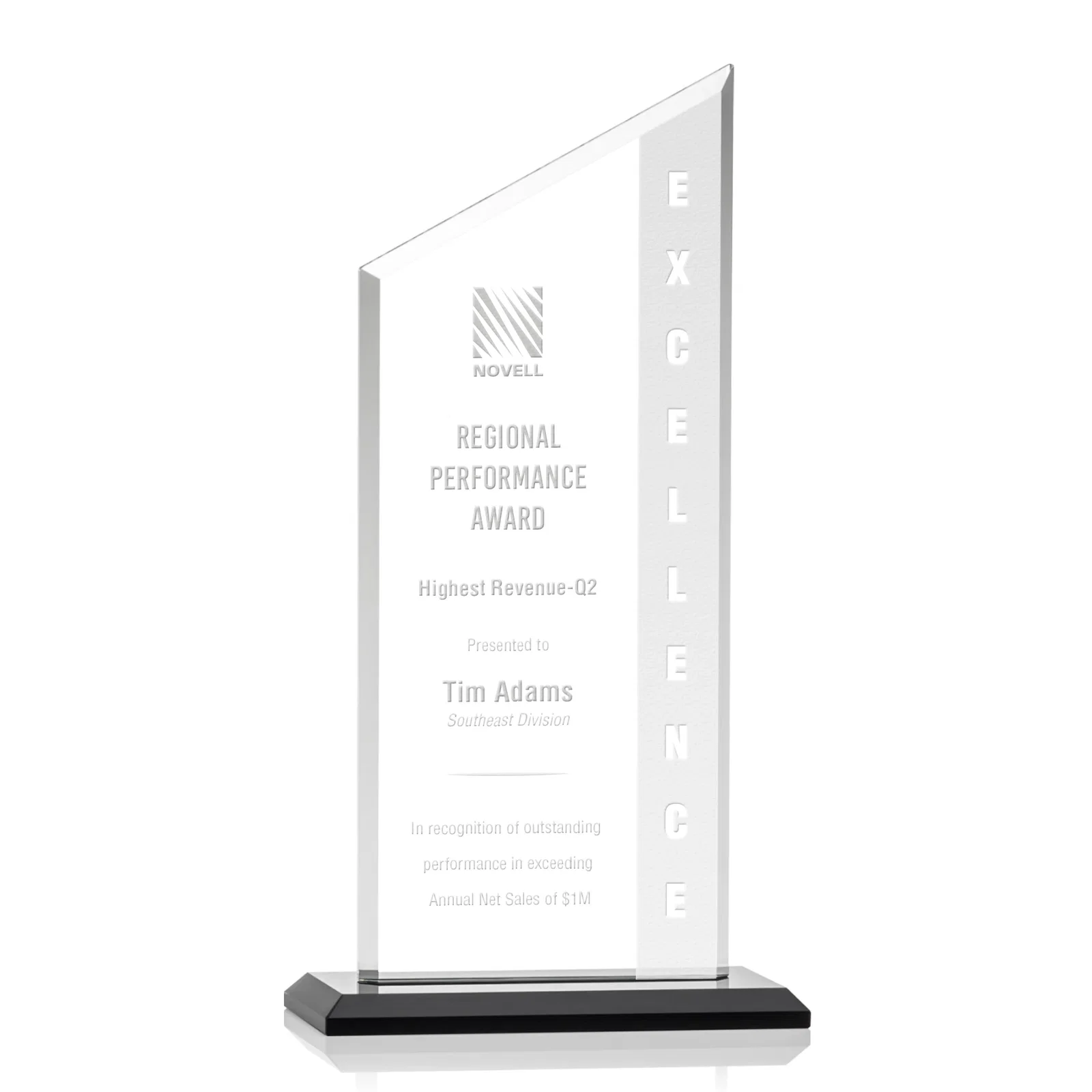 Custom Starfire Crystal Slant-Top Award on a Matching Beveled Base for company anniversary events