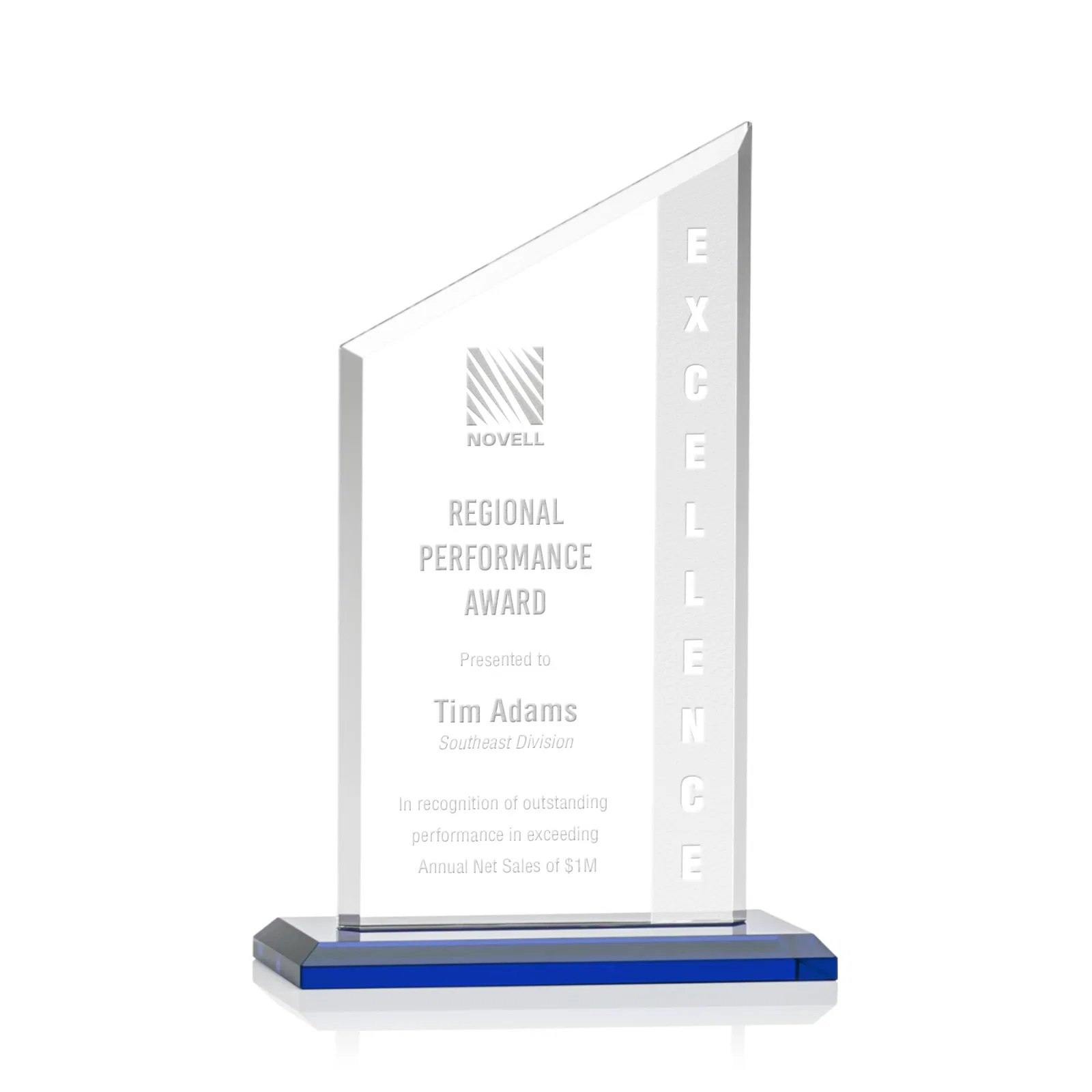 Personalized Starfire Crystal Slant-Top Award on a Matching Beveled Base for service anniversary gifts