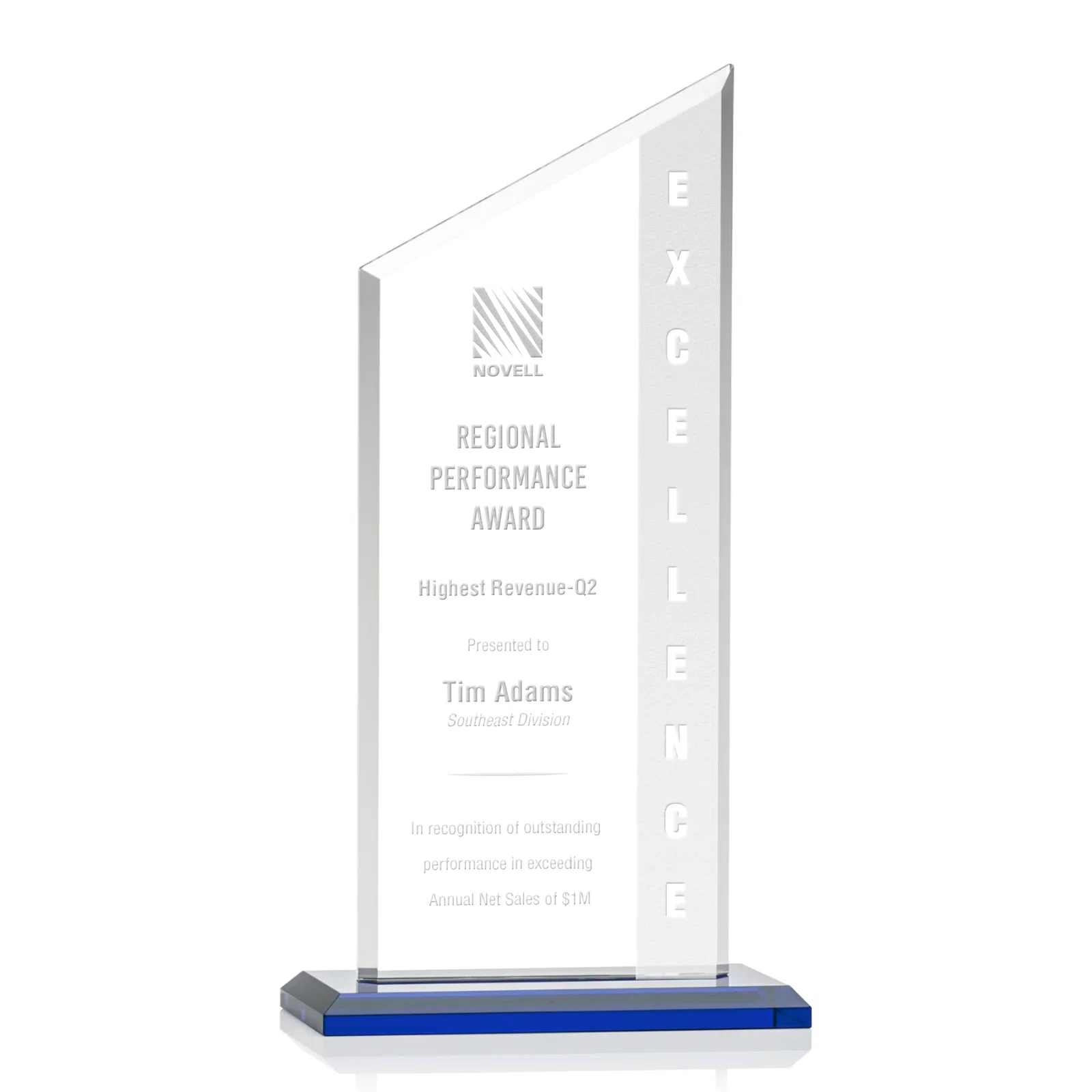Personalized Starfire Crystal Slant-Top Award on a Matching Beveled Base for sales achievement awards