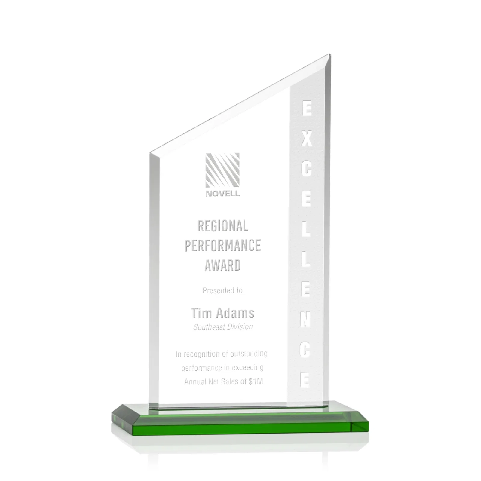 Personalized Starfire Crystal Slant-Top Award on a Matching Beveled Base for donor appreciation