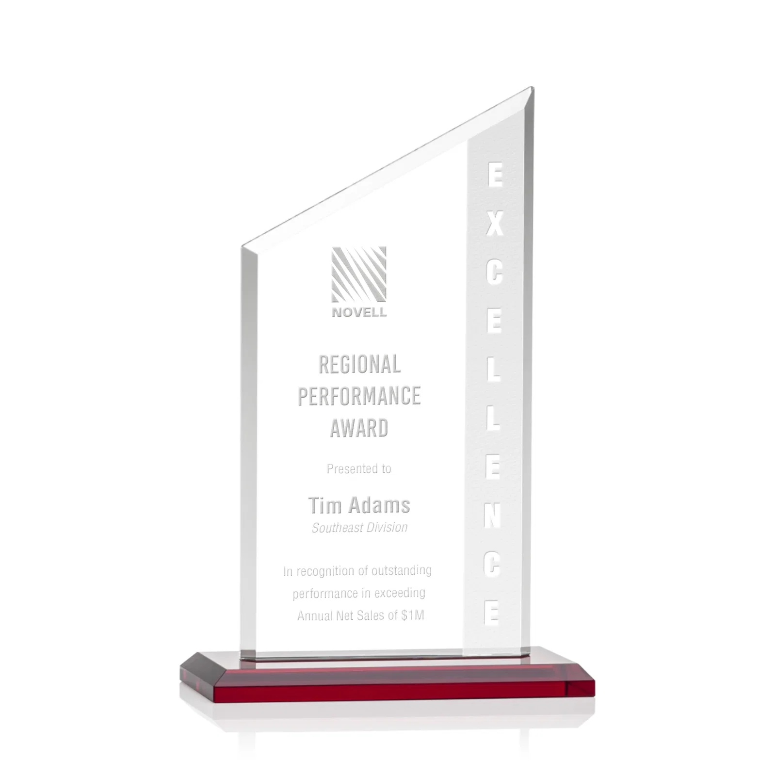 Personalized Starfire Crystal Slant-Top Award on a Matching Beveled Base for dealer and partner awards