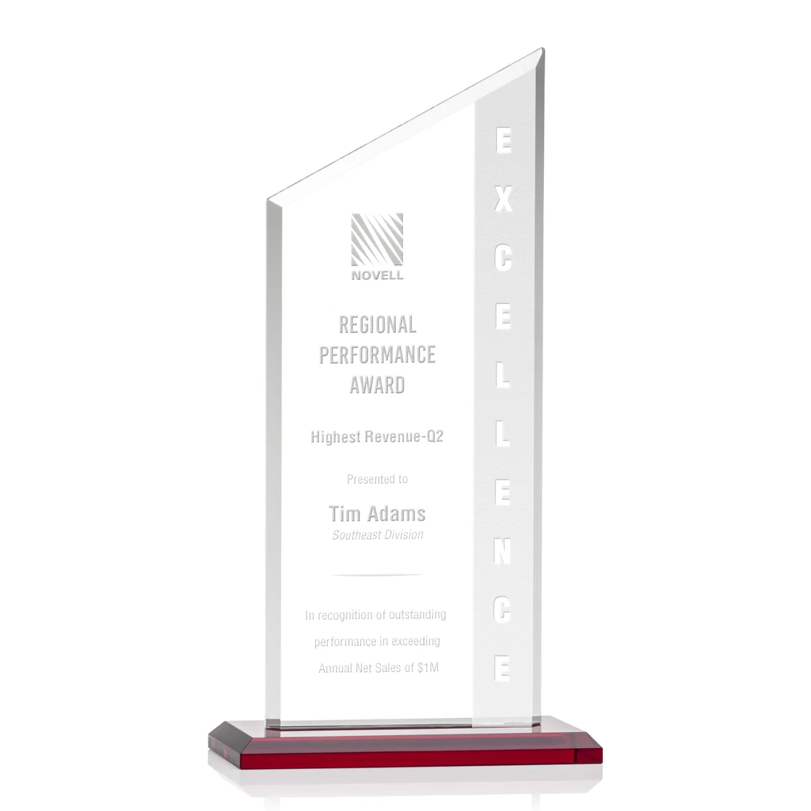 Personalized Starfire Crystal Slant-Top Award on a Matching Beveled Base for company anniversary events
