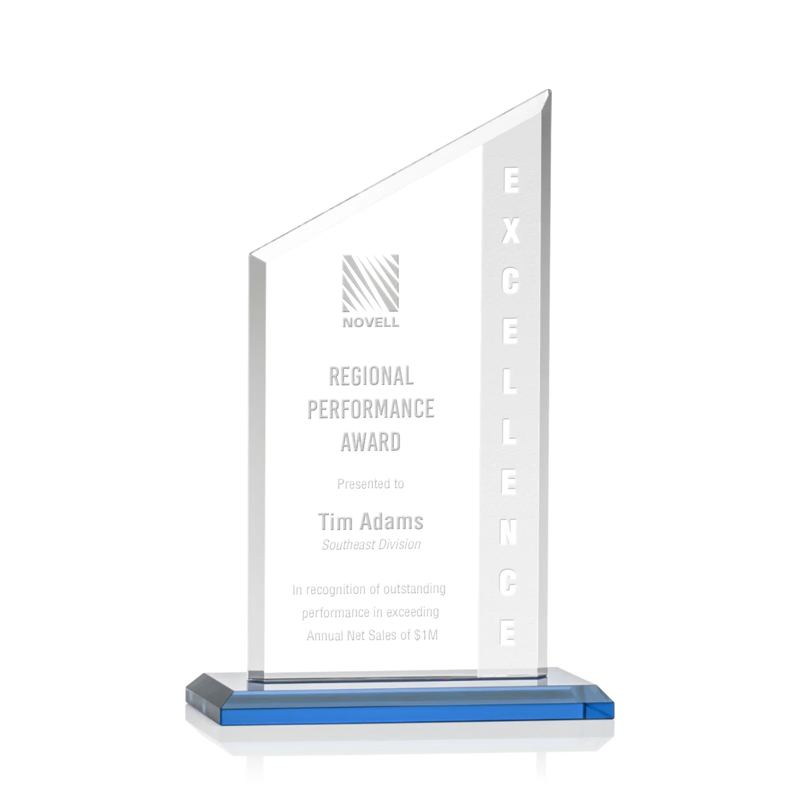 Promotional Starfire Crystal Slant-Top Award on a Matching Beveled Base for service anniversary gifts