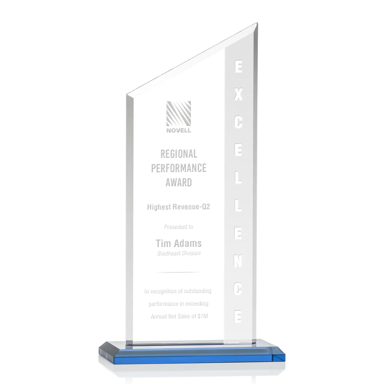 Promotional Starfire Crystal Slant-Top Award on a Matching Beveled Base for sales achievement awards