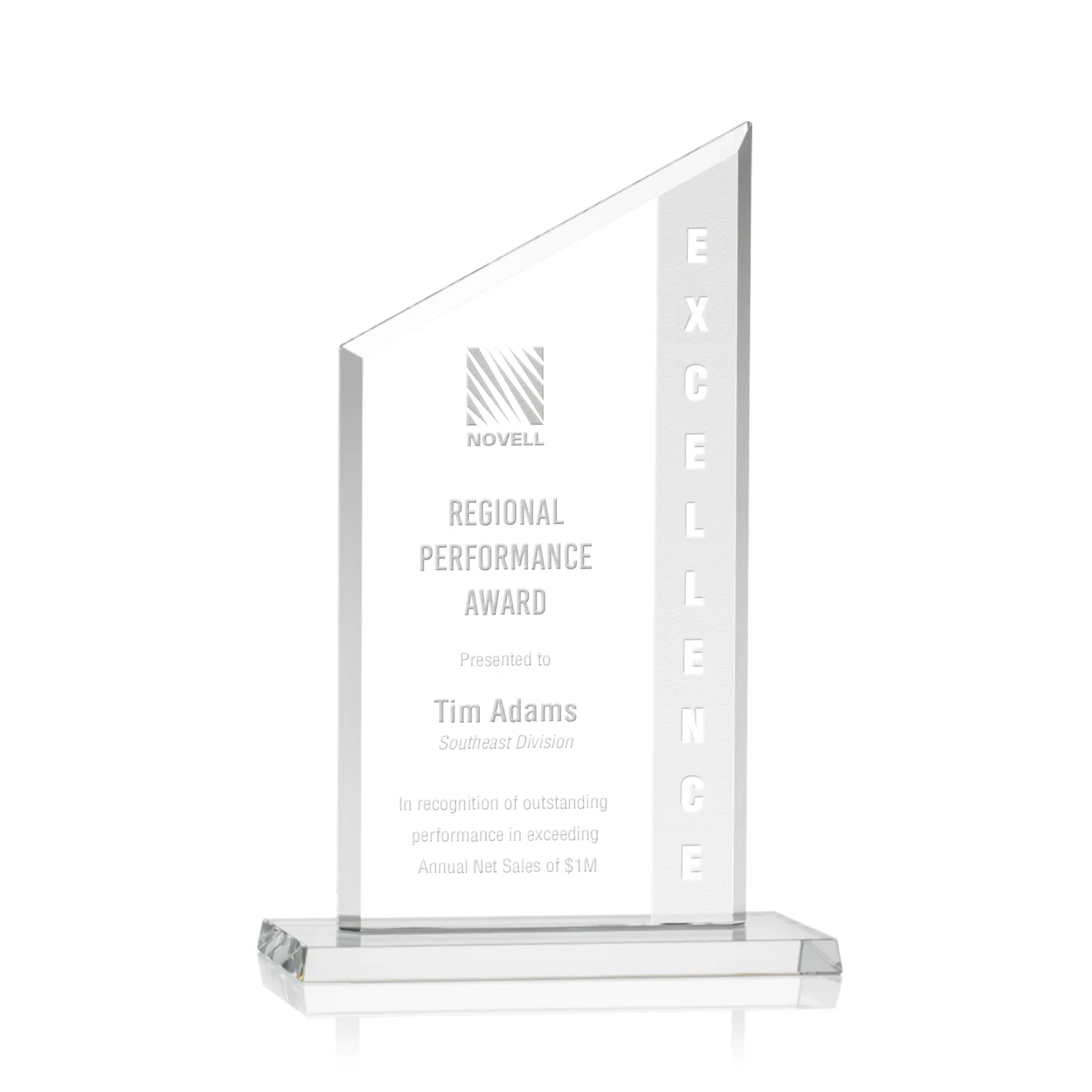 Custom Starfire Crystal Slant-Top Award on a Matching Beveled Base for service anniversary gifts