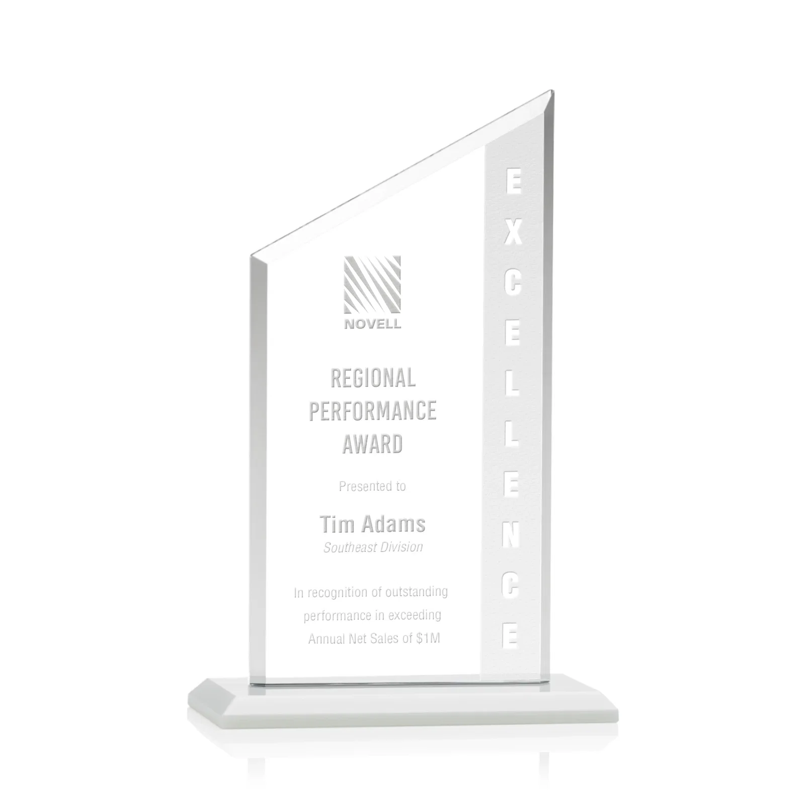 Promotional Starfire Crystal Slant-Top Award on a Matching Beveled Base for donor appreciation