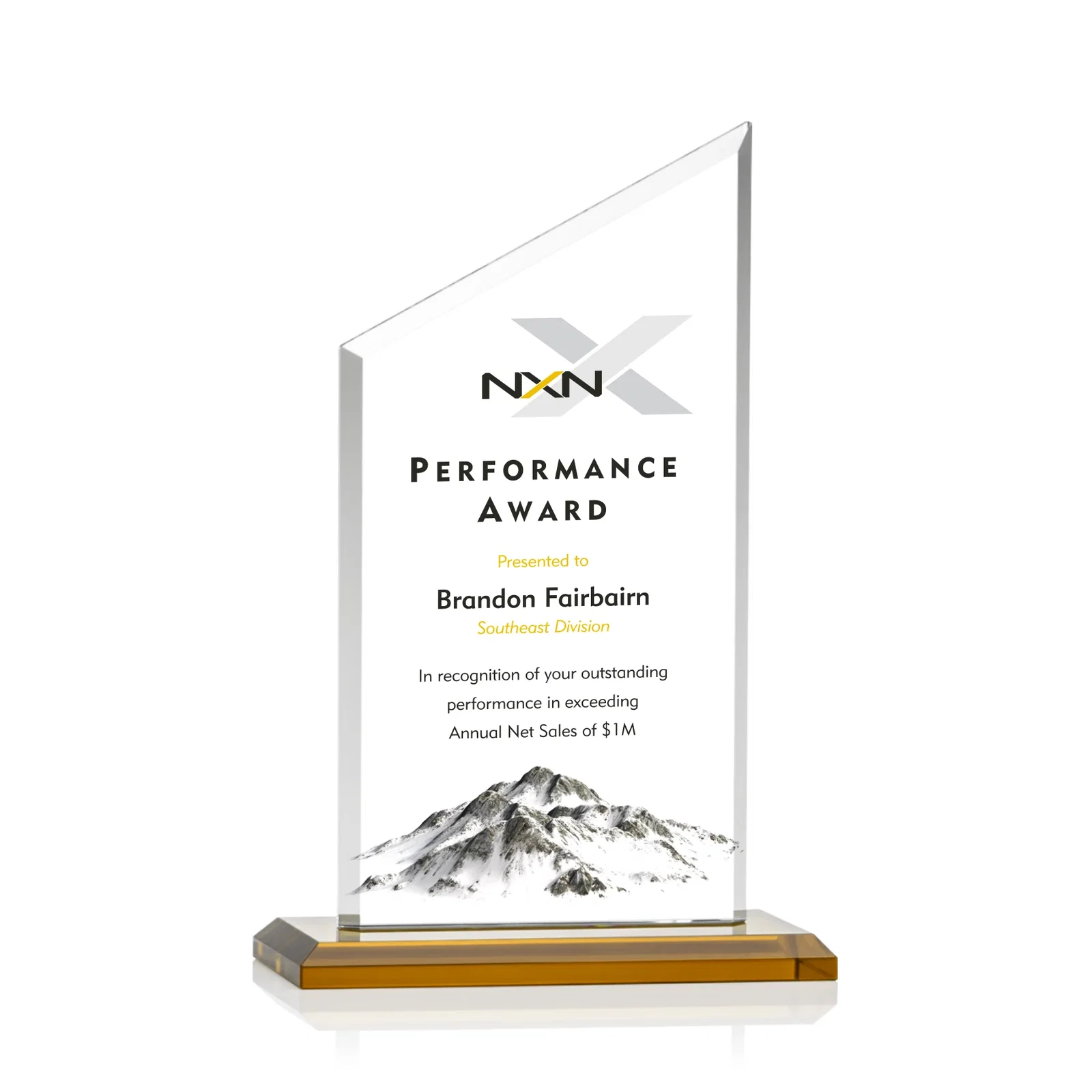 Promotional Starfire Crystal Slant-Top Award on a Matching Beveled Base for dealer and partner awards