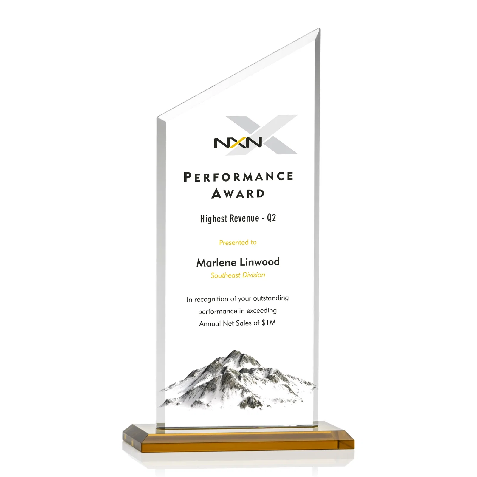Promotional Starfire Crystal Slant-Top Award on a Matching Beveled Base for company anniversary events