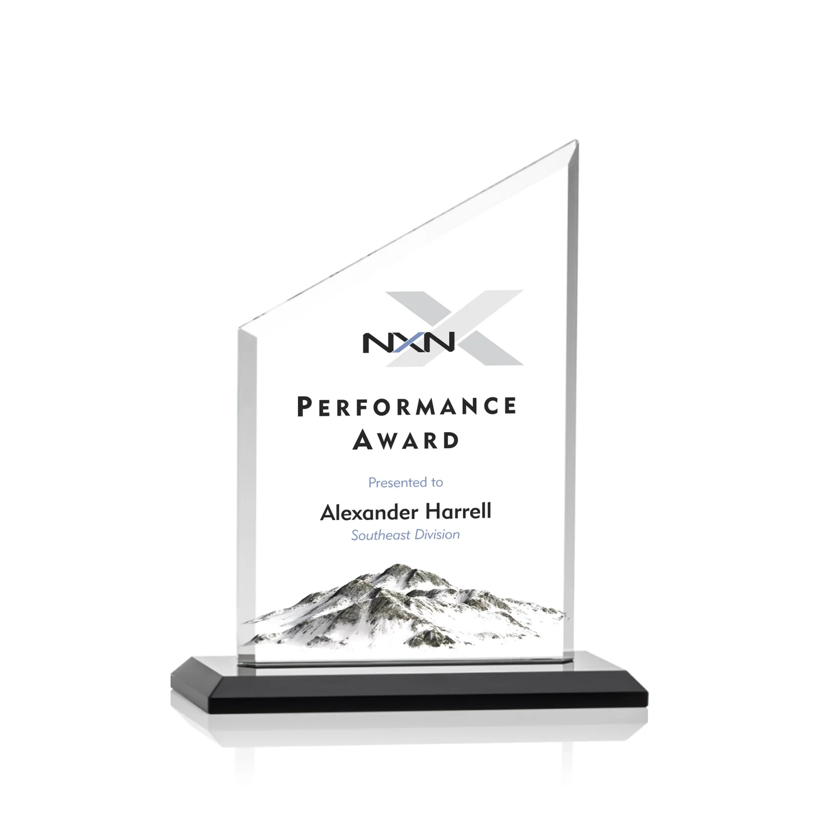 Branded Starfire Crystal Slant-Top Award on a Matching Beveled Base for corporate award ceremonies
