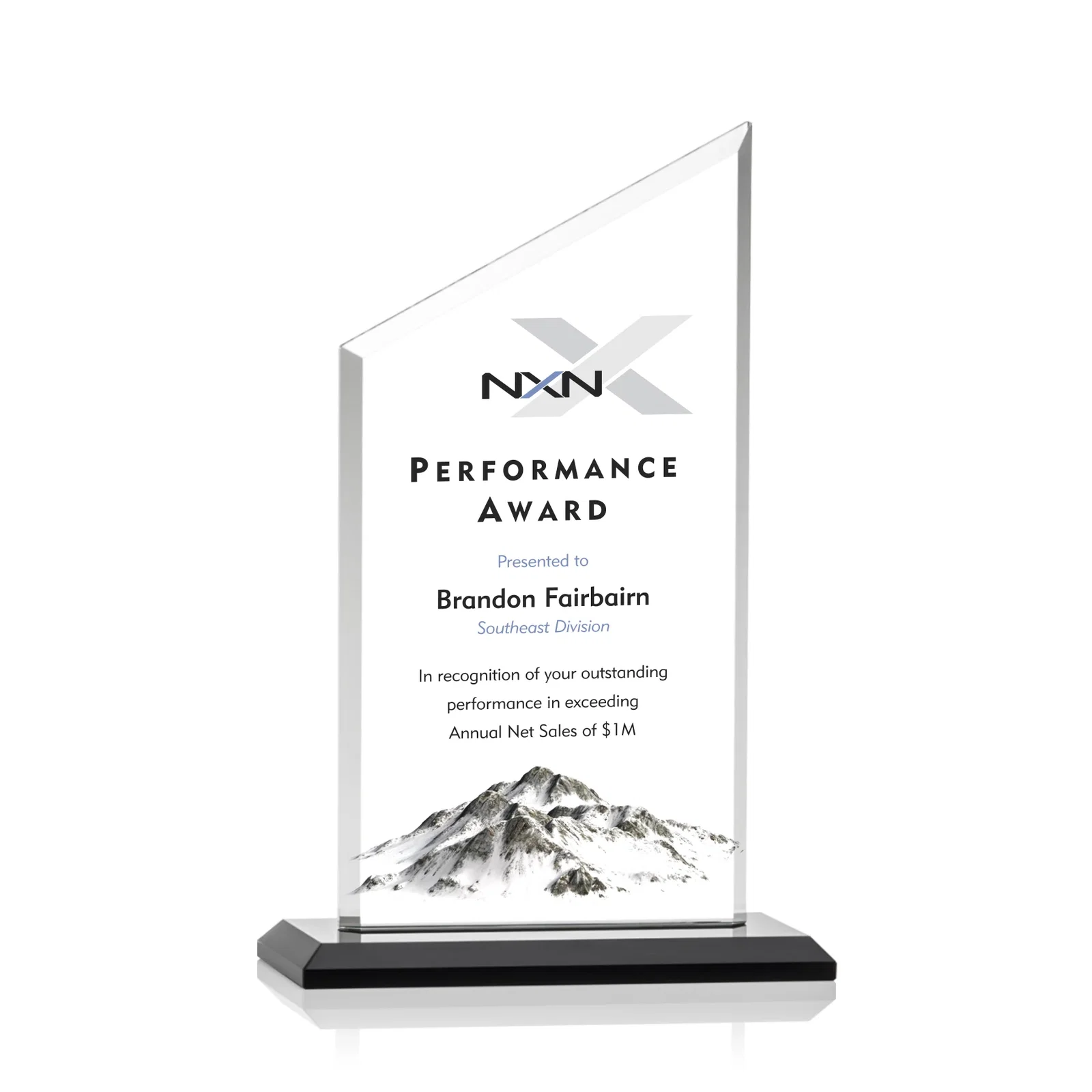 Branded Starfire Crystal Slant-Top Award on a Matching Beveled Base for service anniversary gifts