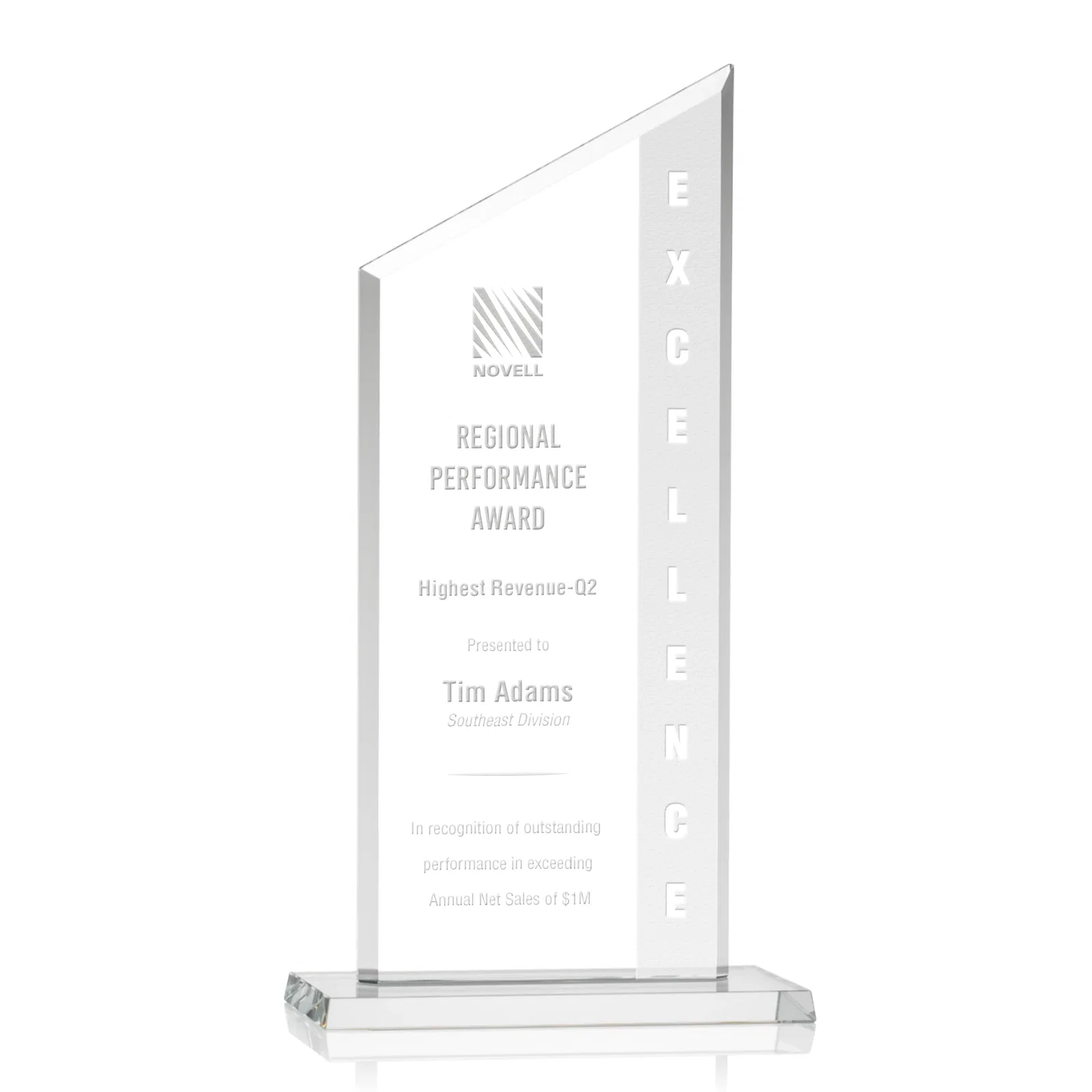 Custom Starfire Crystal Slant-Top Award on a Matching Beveled Base for sales achievement awards
