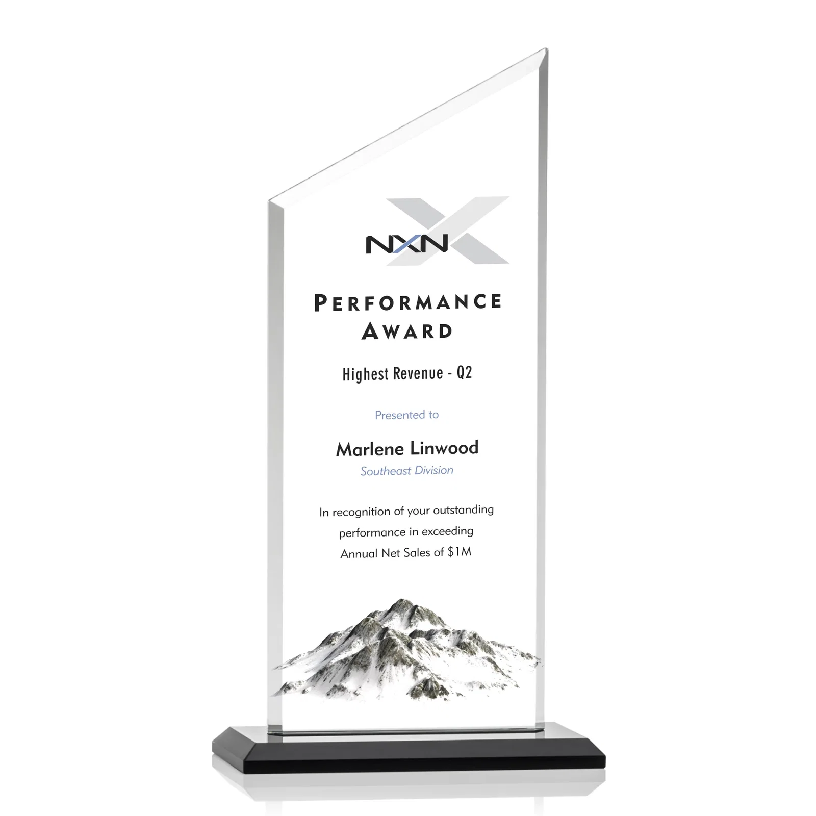 Branded Starfire Crystal Slant-Top Award on a Matching Beveled Base for sales achievement awards