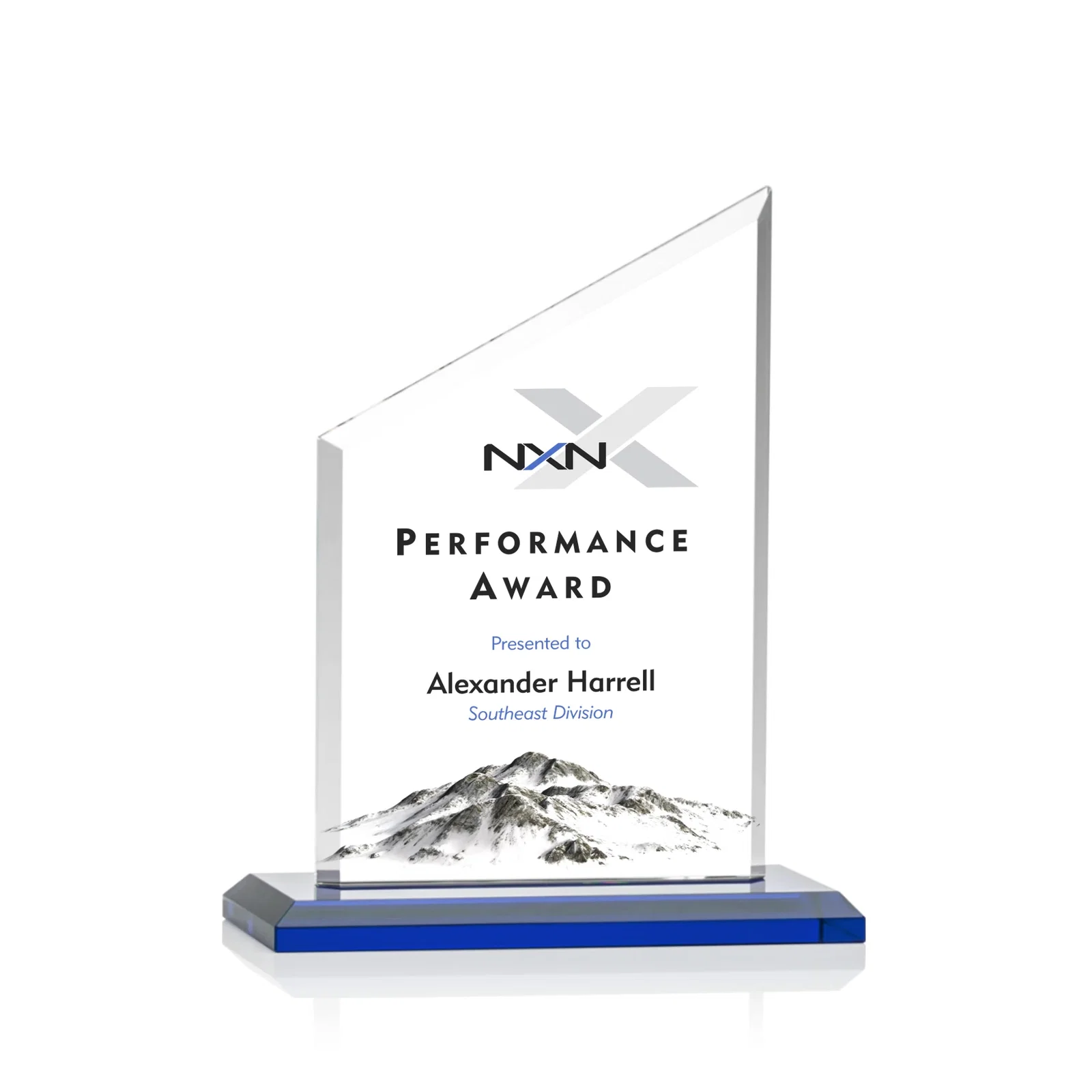Branded Starfire Crystal Slant-Top Award on a Matching Beveled Base for team milestone celebrations