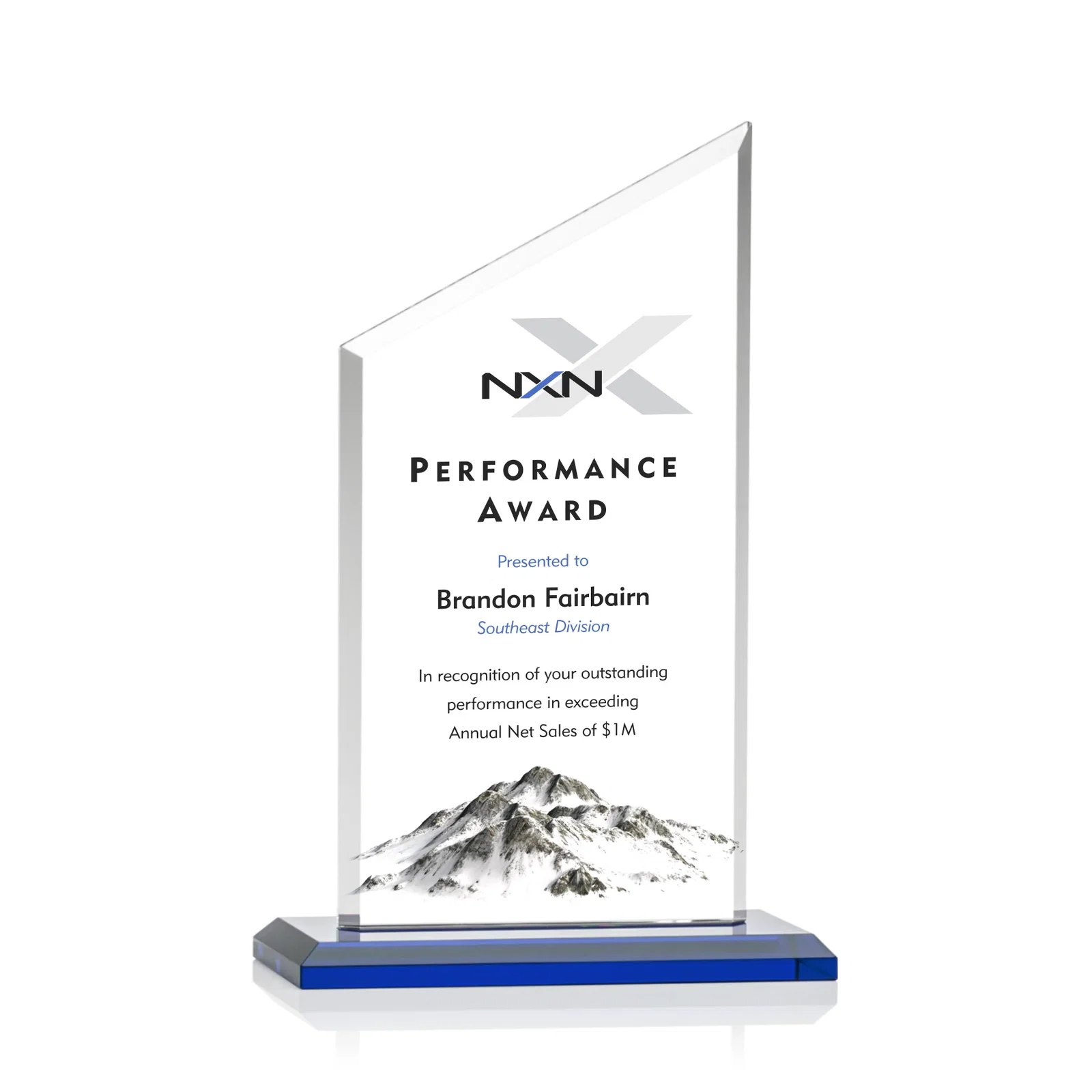Branded Starfire Crystal Slant-Top Award on a Matching Beveled Base for donor appreciation