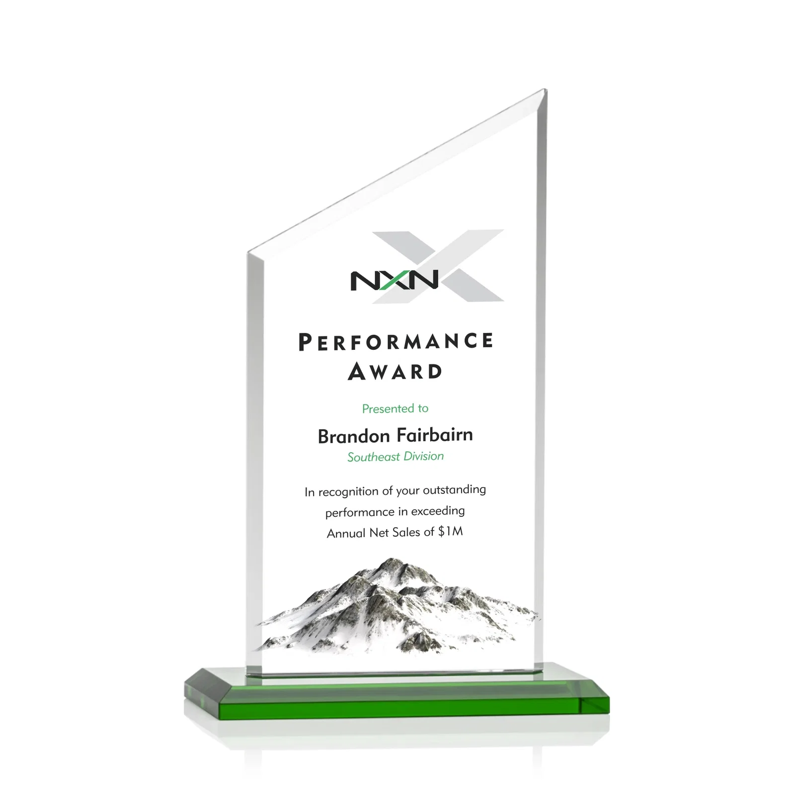 Branded Starfire Crystal Slant-Top Award on a Matching Beveled Base for dealer and partner awards