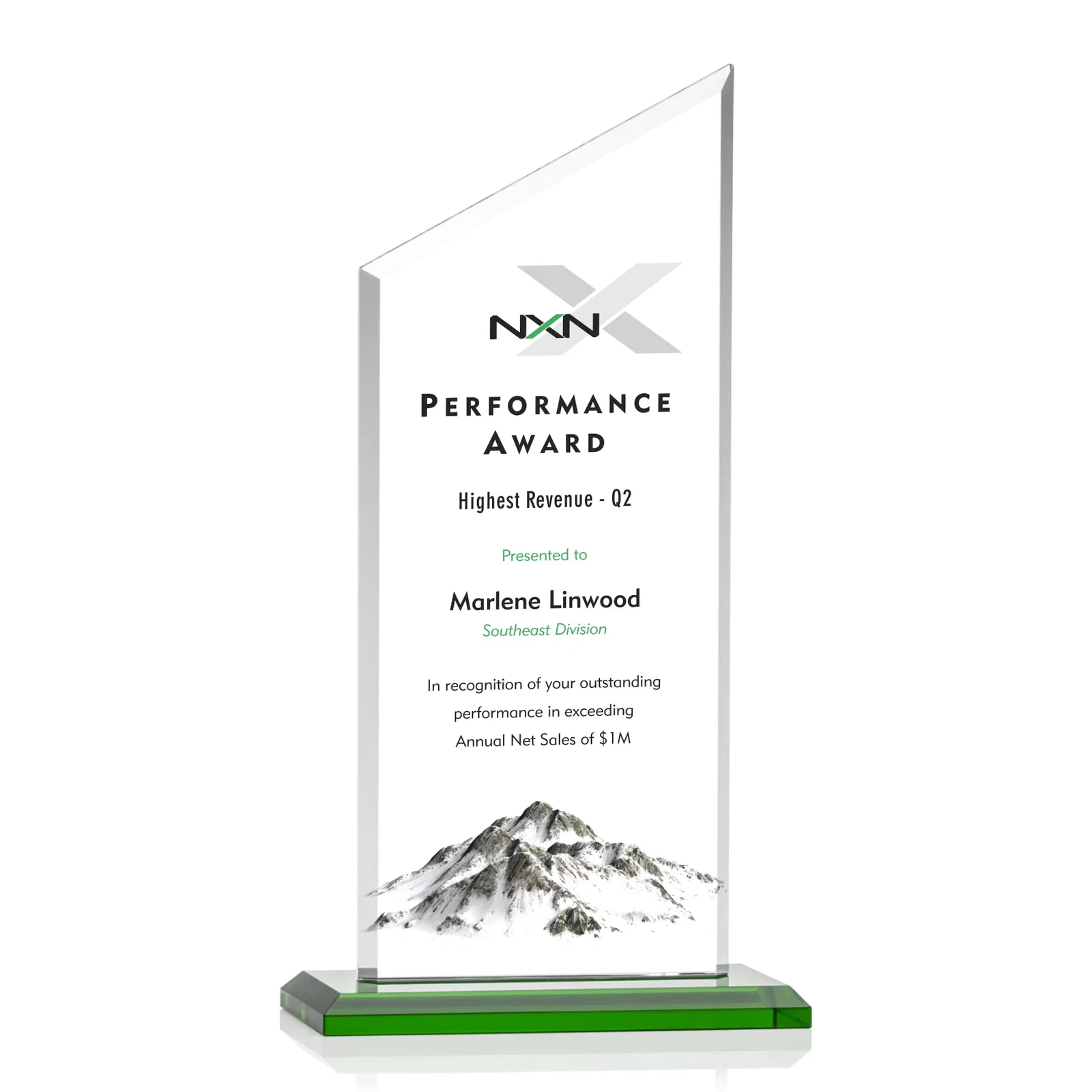 Branded Starfire Crystal Slant-Top Award on a Matching Beveled Base for company anniversary events