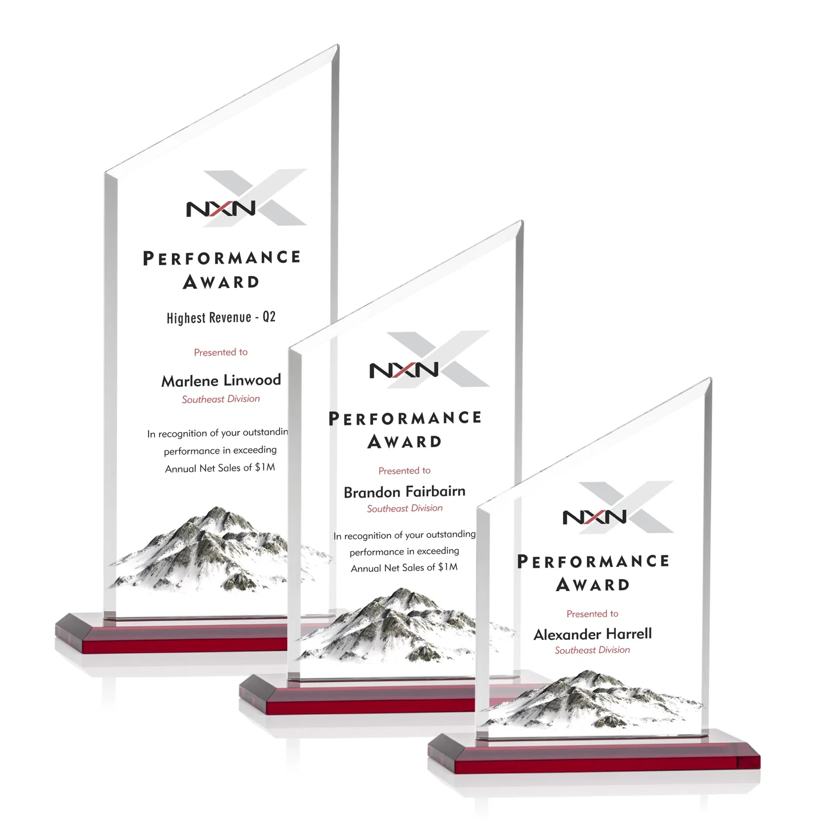 Custom printed Starfire Crystal Slant-Top Award on a Matching Beveled Base for employee recognition