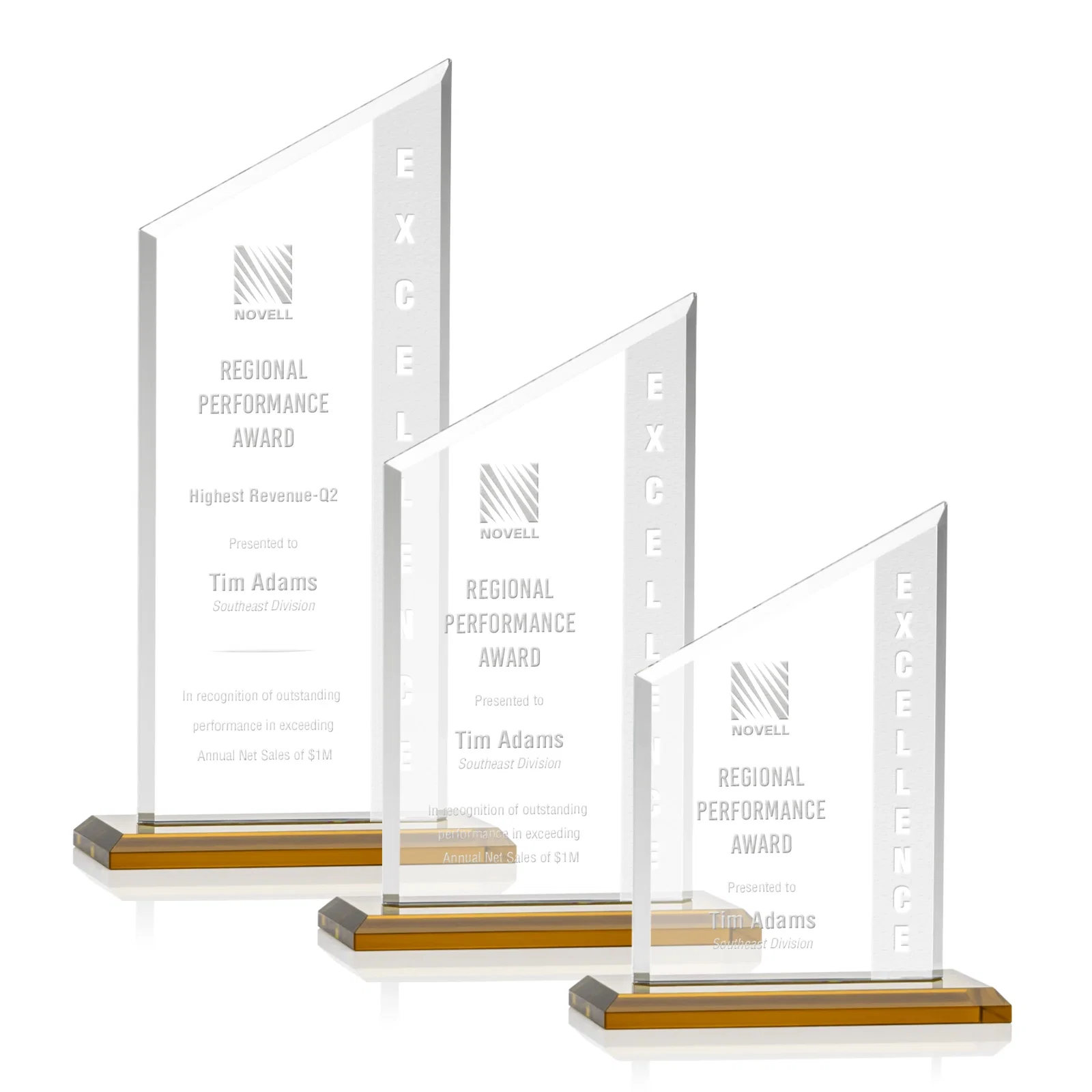 Custom Starfire Crystal Slant-Top Award on a Matching Beveled Base for retirement presentations