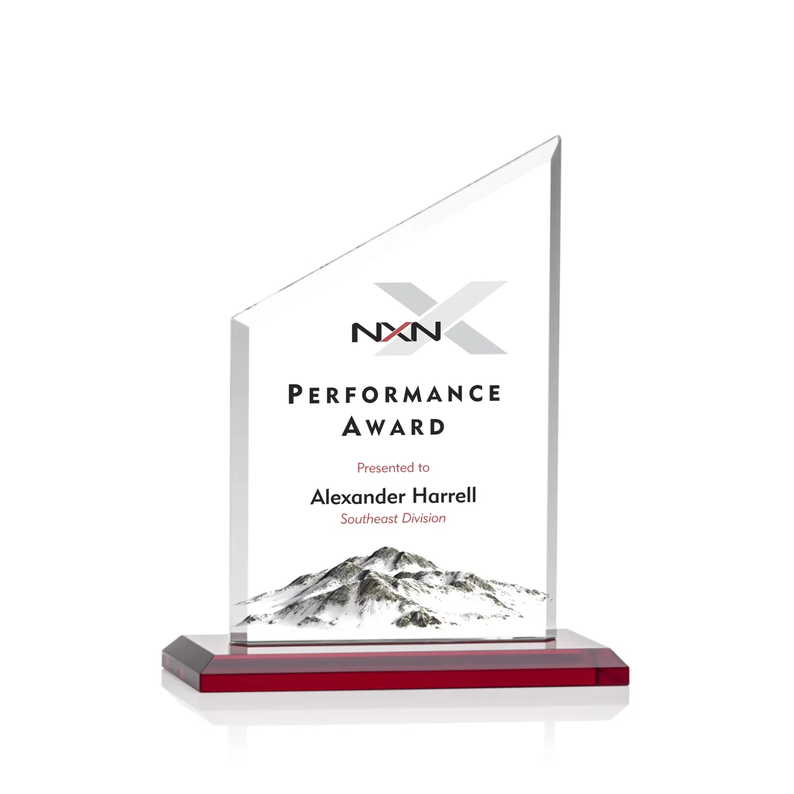 Custom printed Starfire Crystal Slant-Top Award on a Matching Beveled Base for corporate award ceremonies