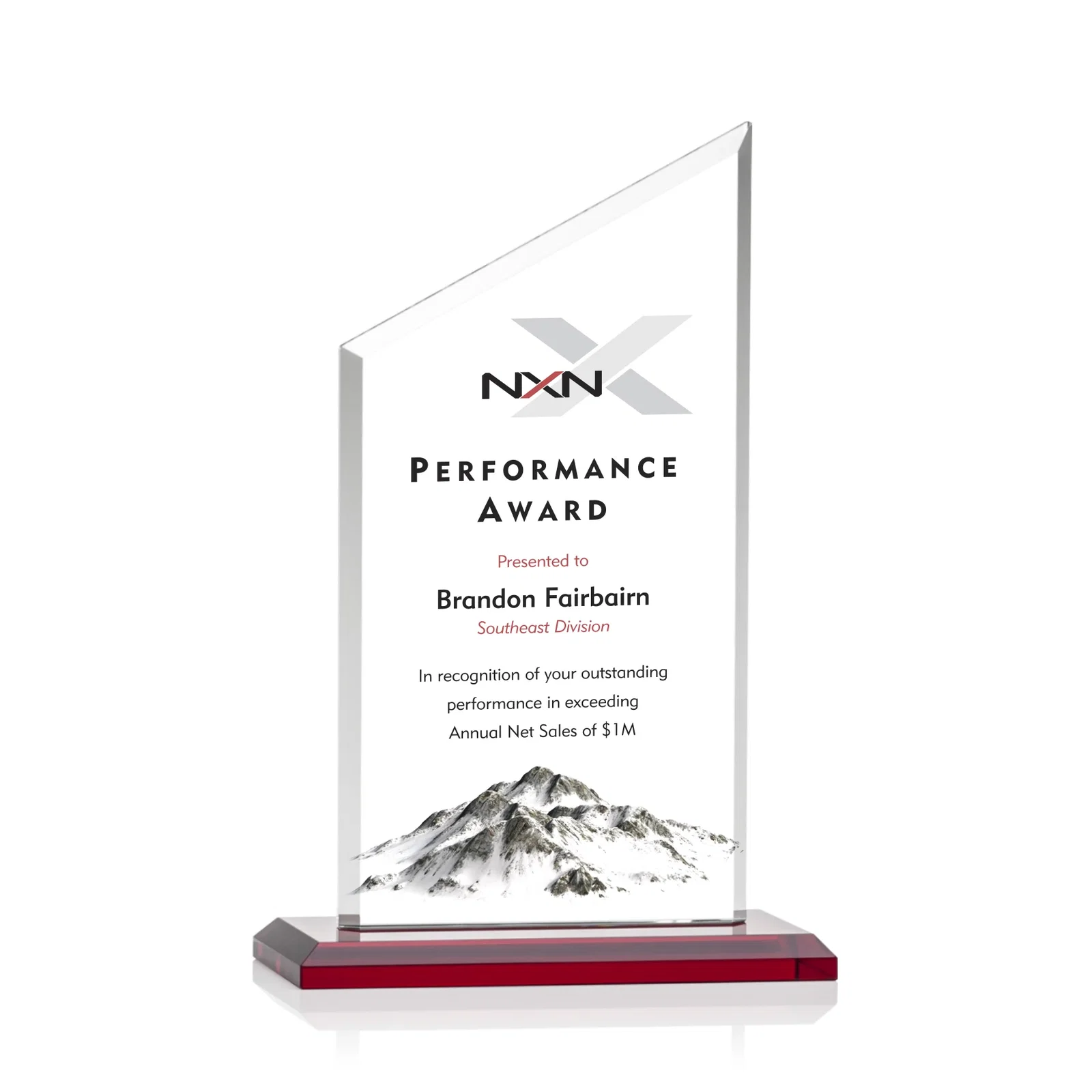 Custom printed Starfire Crystal Slant-Top Award on a Matching Beveled Base for service anniversary gifts
