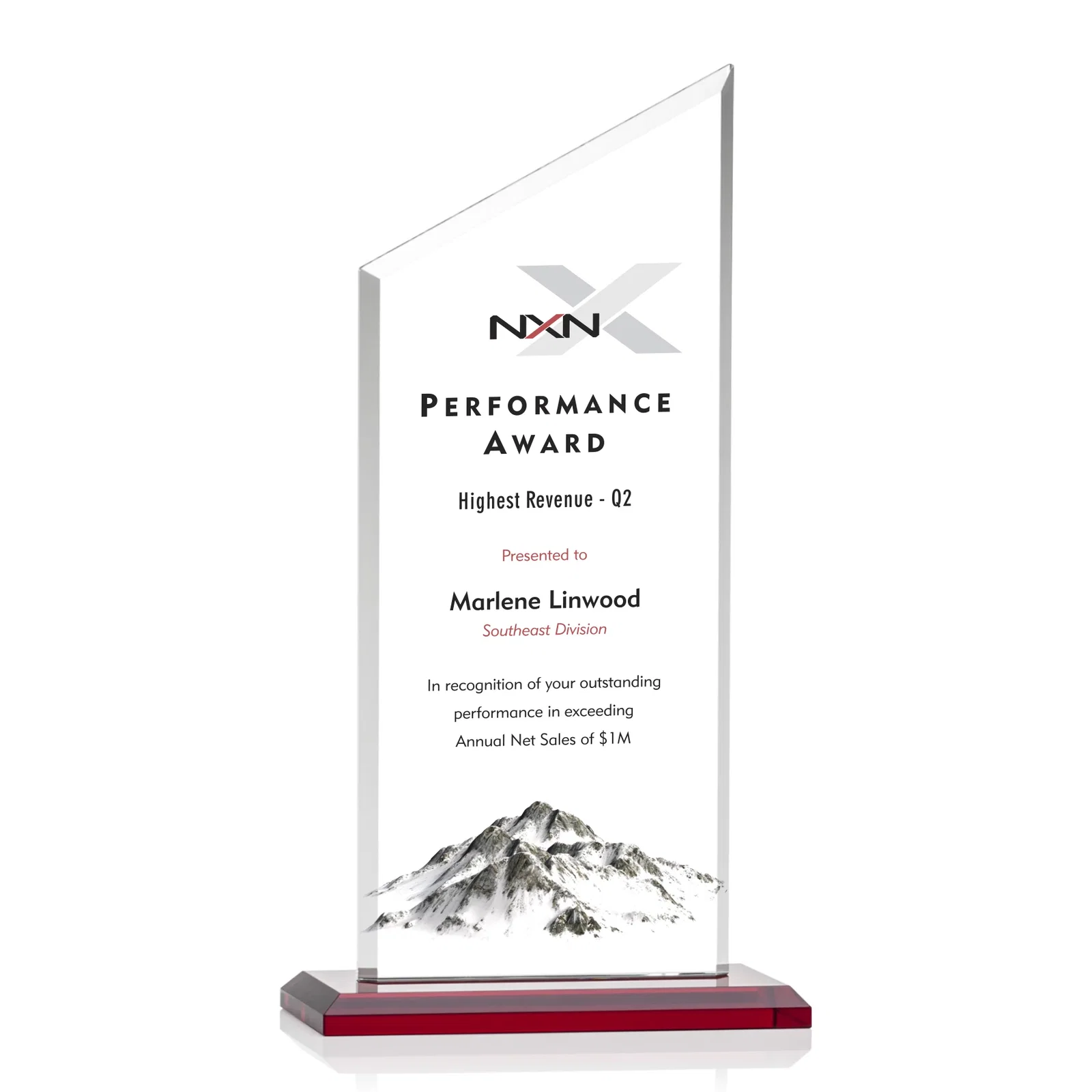 Custom printed Starfire Crystal Slant-Top Award on a Matching Beveled Base for sales achievement awards