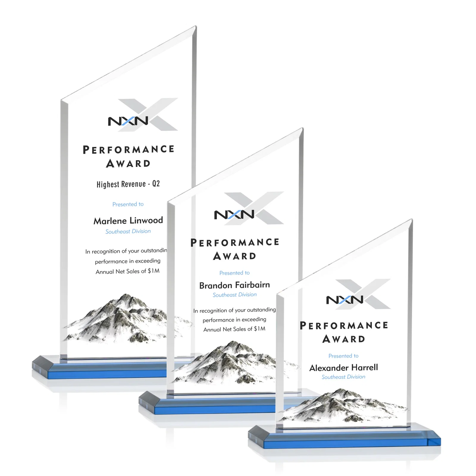 Custom printed Starfire Crystal Slant-Top Award on a Matching Beveled Base for retirement presentations