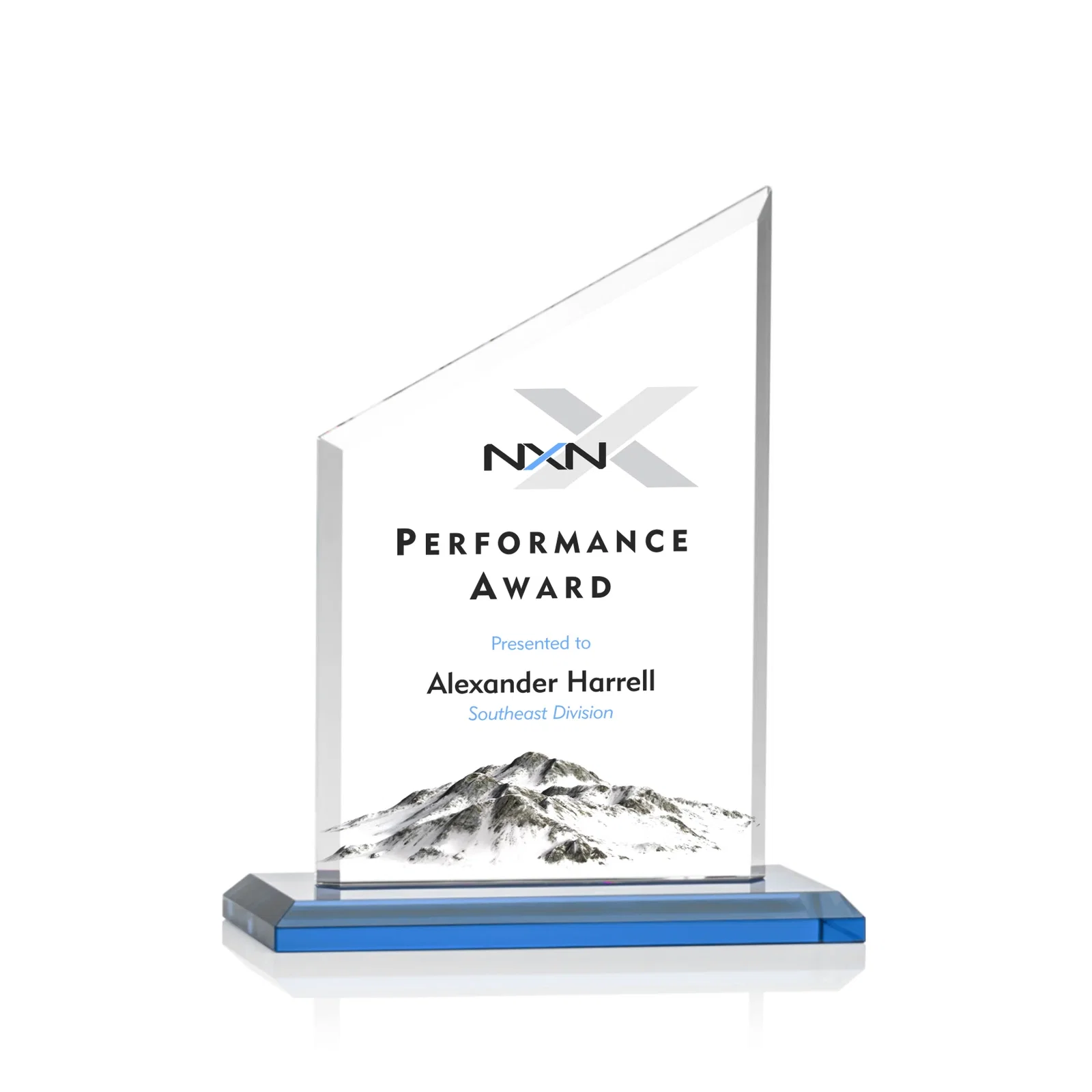 Custom printed Starfire Crystal Slant-Top Award on a Matching Beveled Base for team milestone celebrations