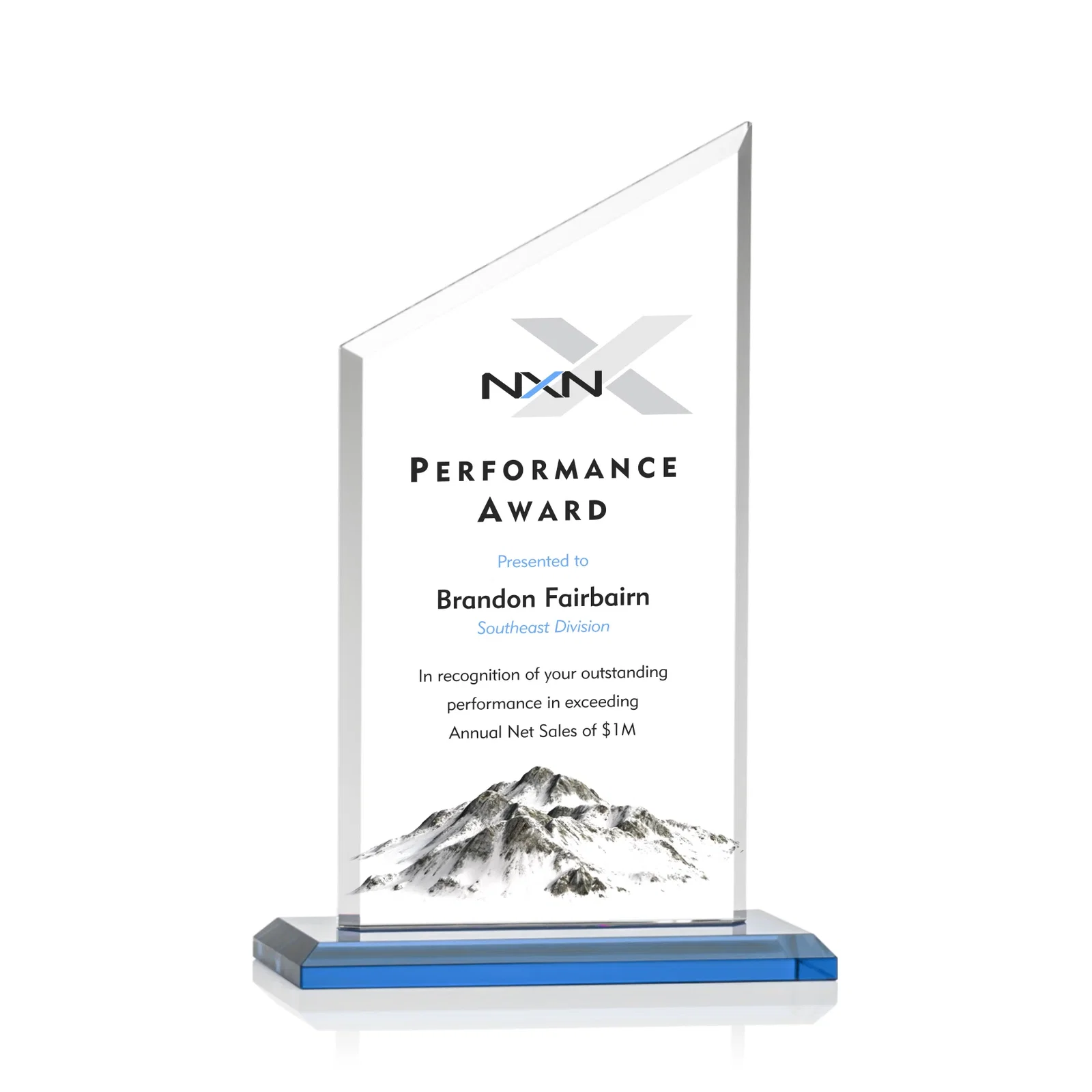 Custom printed Starfire Crystal Slant-Top Award on a Matching Beveled Base for donor appreciation