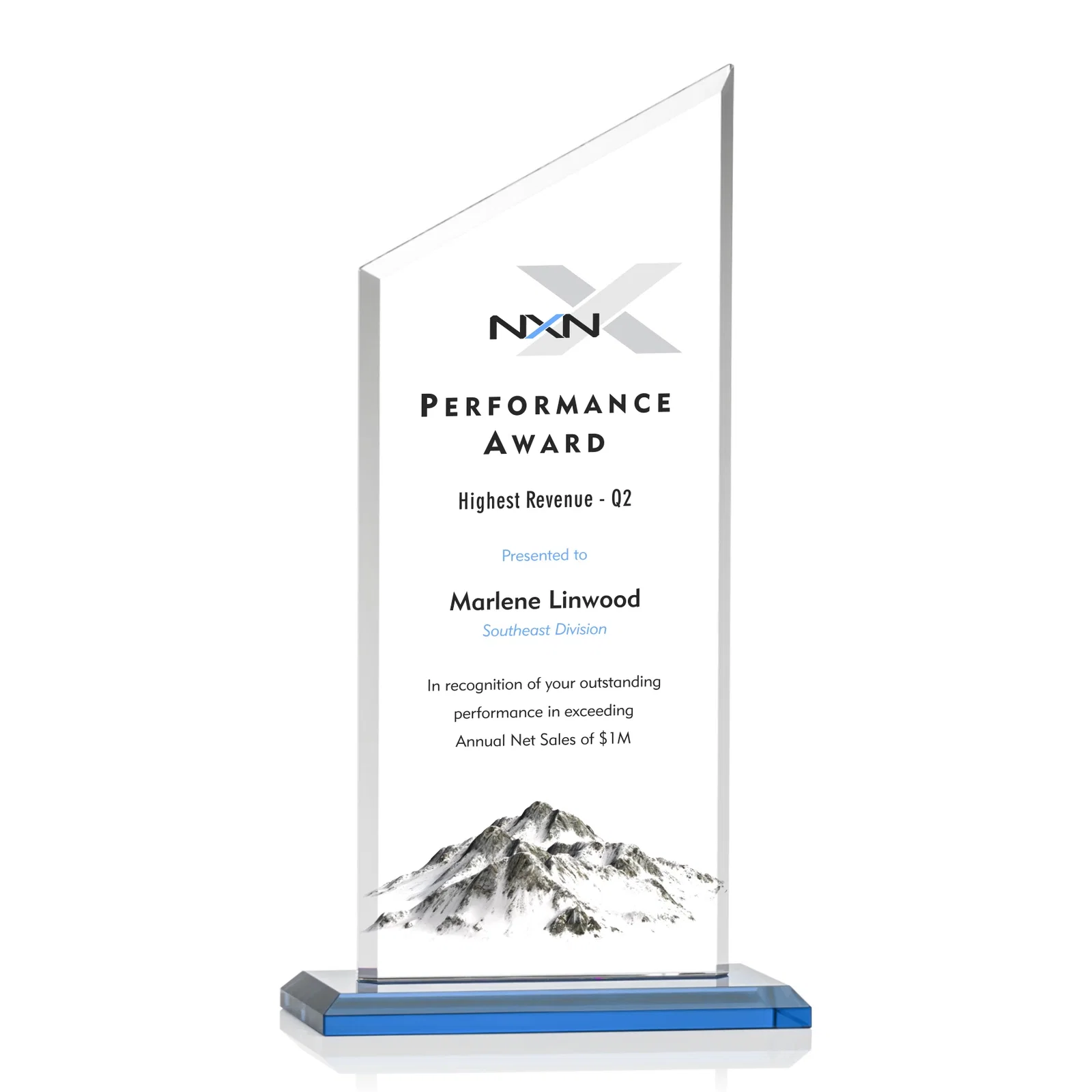 Custom printed Starfire Crystal Slant-Top Award on a Matching Beveled Base for graduation ceremonies