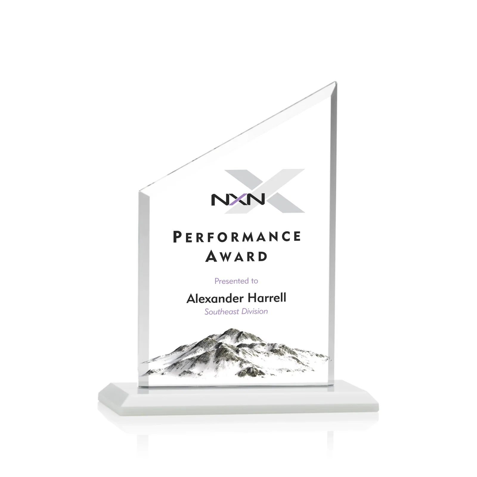 Custom printed Starfire Crystal Slant-Top Award on a Matching Beveled Base for volunteer appreciation