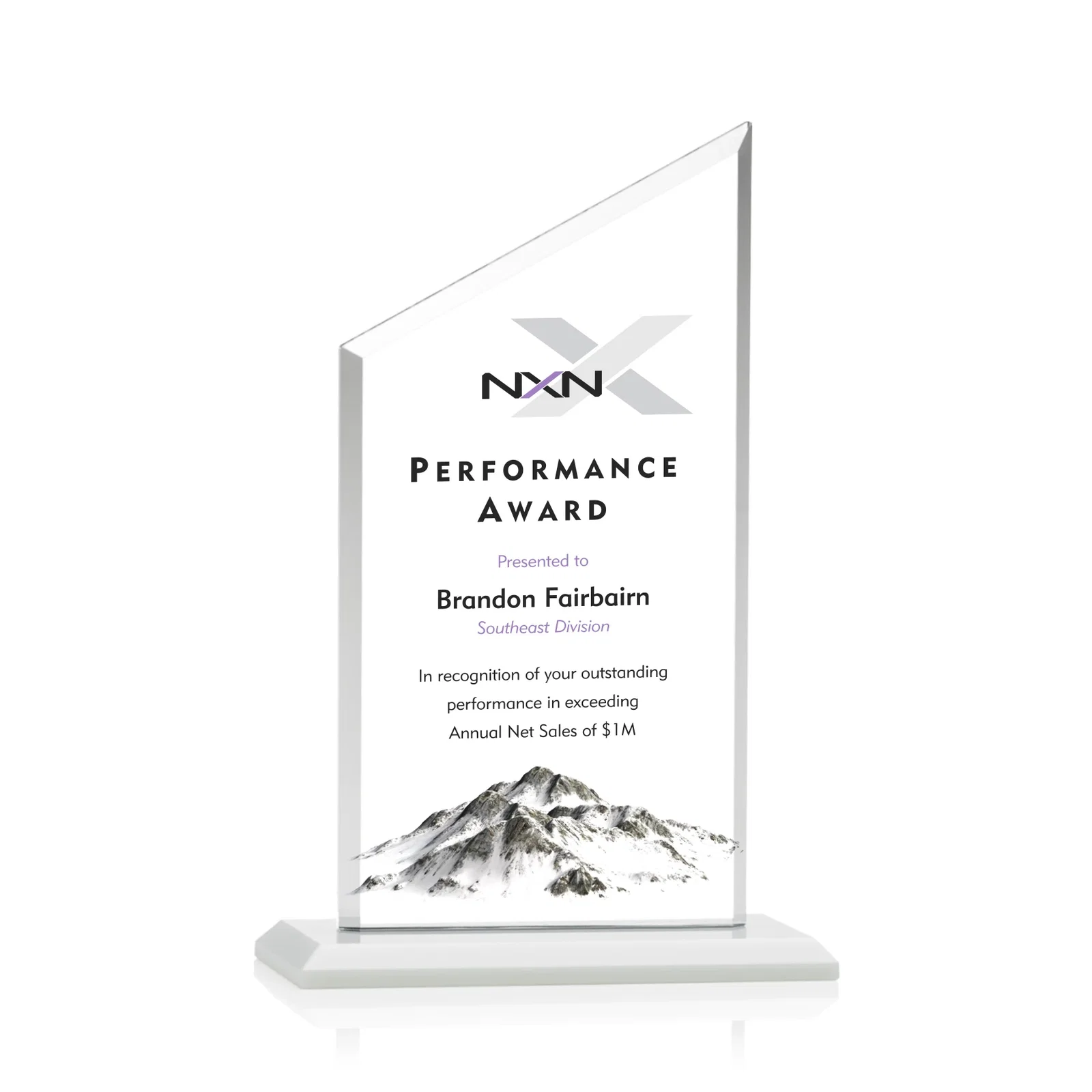 Custom printed Starfire Crystal Slant-Top Award on a Matching Beveled Base for dealer and partner awards