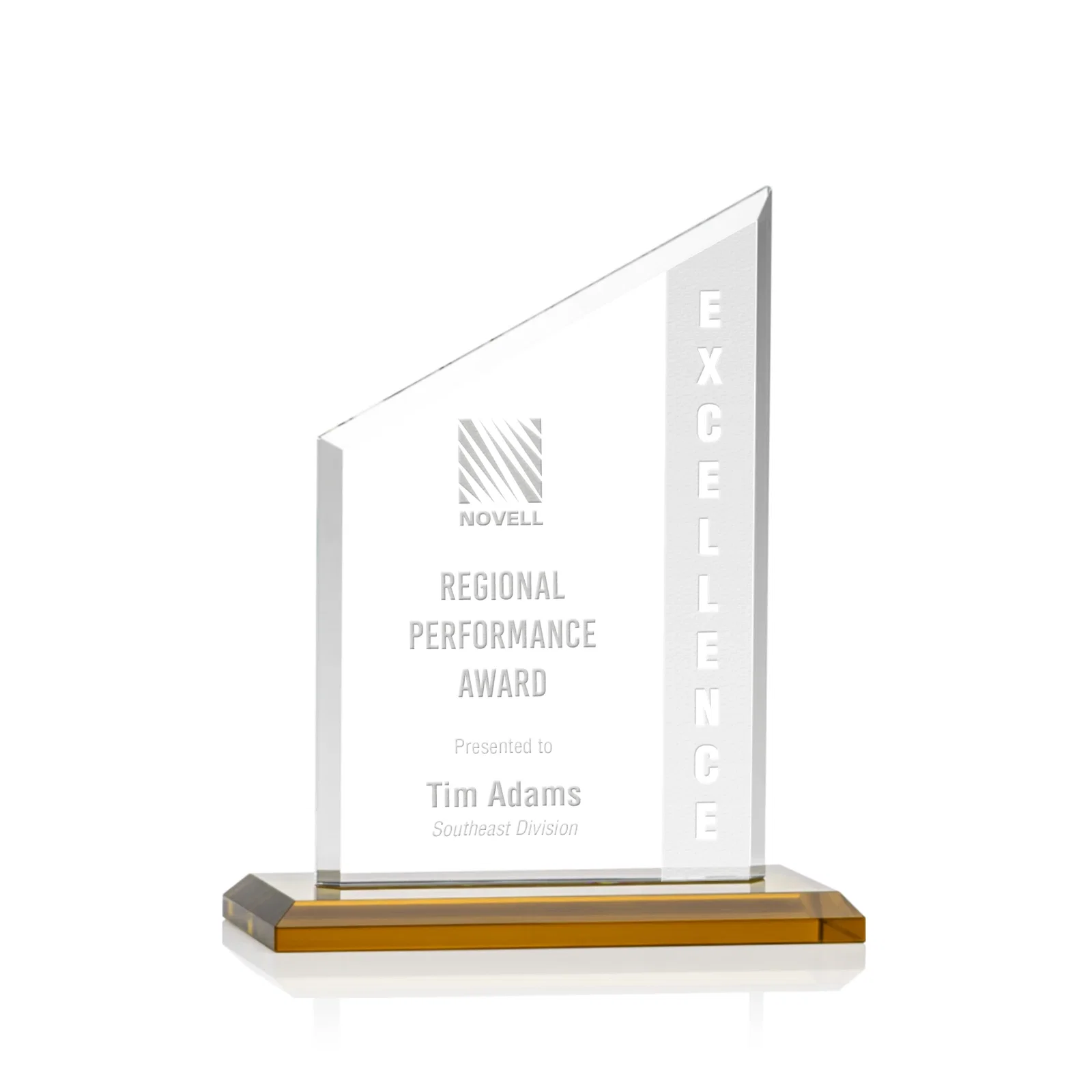 Custom Starfire Crystal Slant-Top Award on a Matching Beveled Base for team milestone celebrations