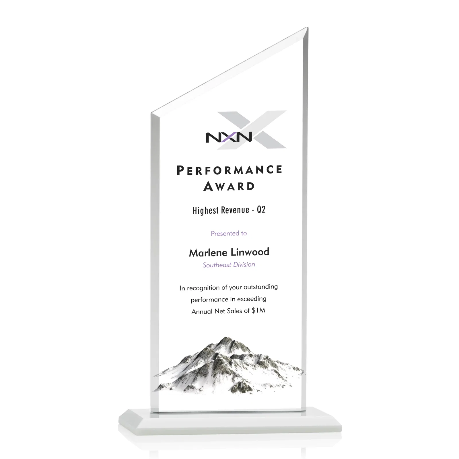 Custom printed Starfire Crystal Slant-Top Award on a Matching Beveled Base for company anniversary events
