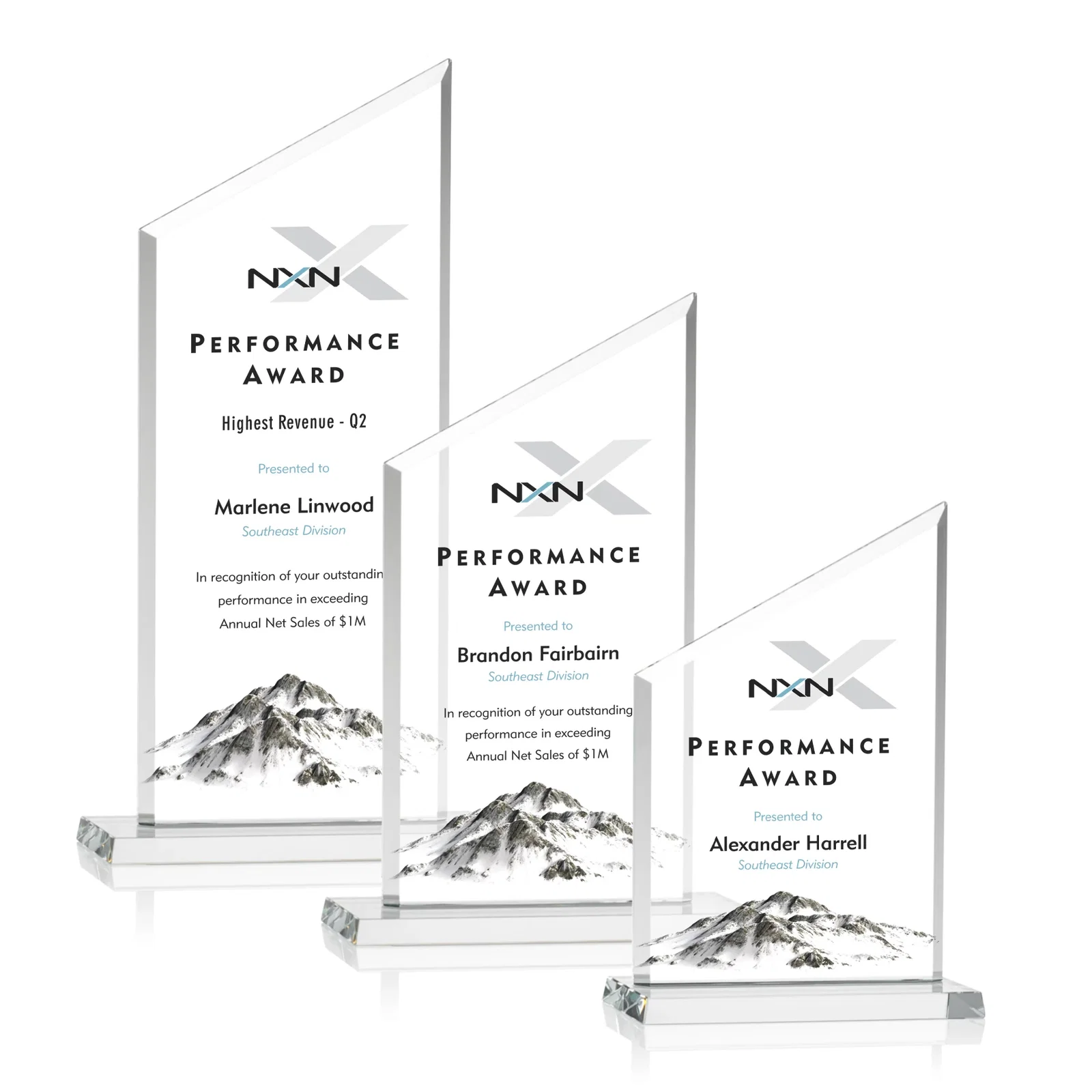 Customized Starfire Crystal Slant-Top Award on a Matching Beveled Base for employee recognition