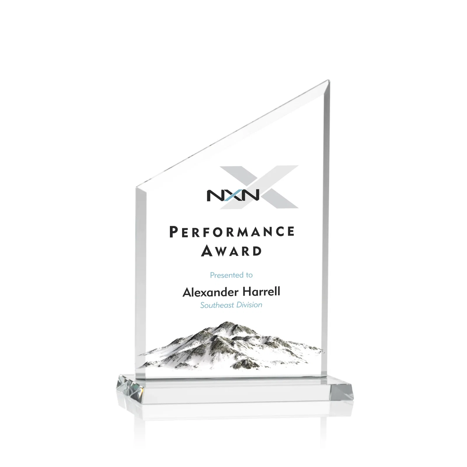 Customized Starfire Crystal Slant-Top Award on a Matching Beveled Base for corporate award ceremonies