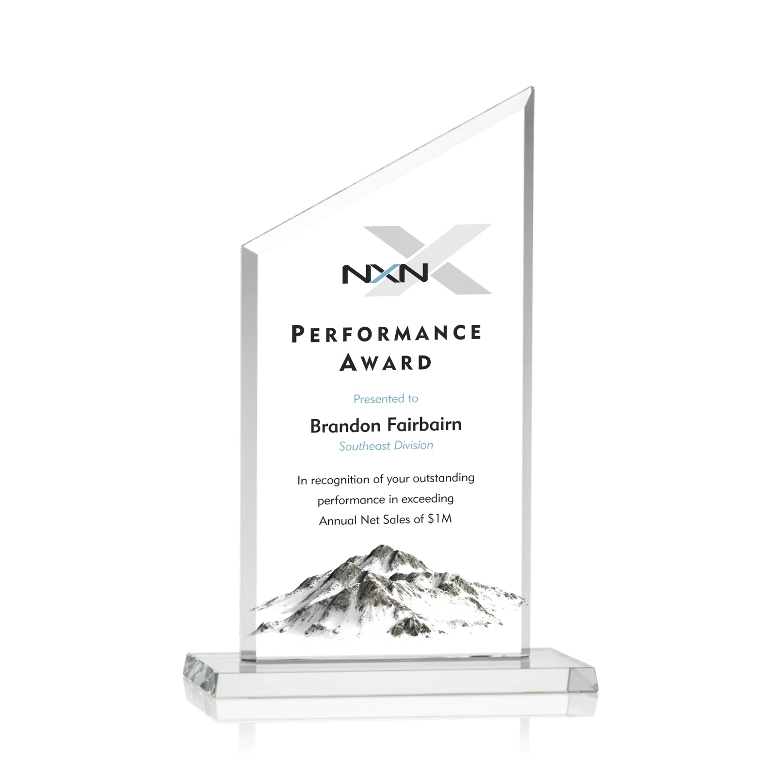 Customized Starfire Crystal Slant-Top Award on a Matching Beveled Base for service anniversary gifts