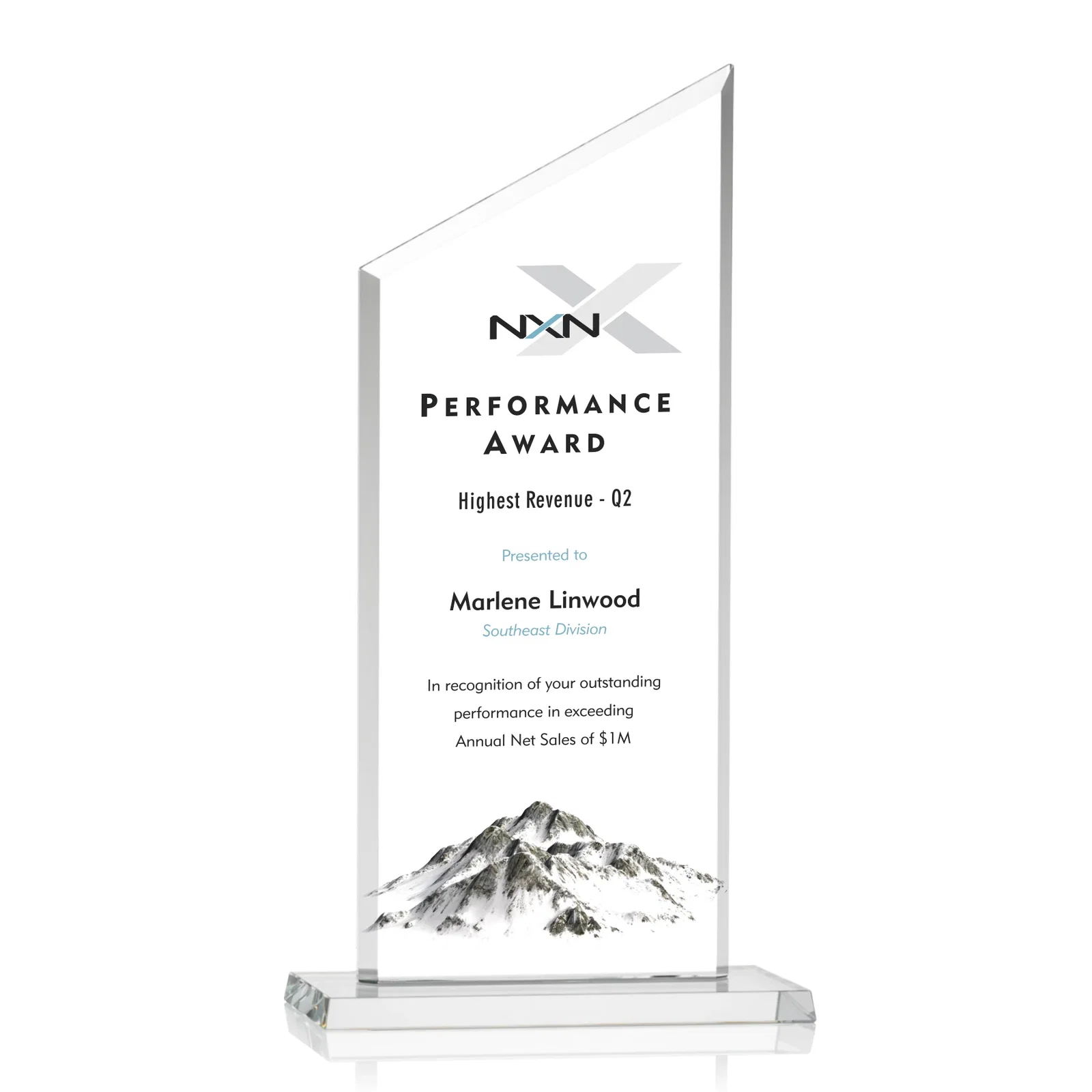 Customized Starfire Crystal Slant-Top Award on a Matching Beveled Base for sales achievement awards