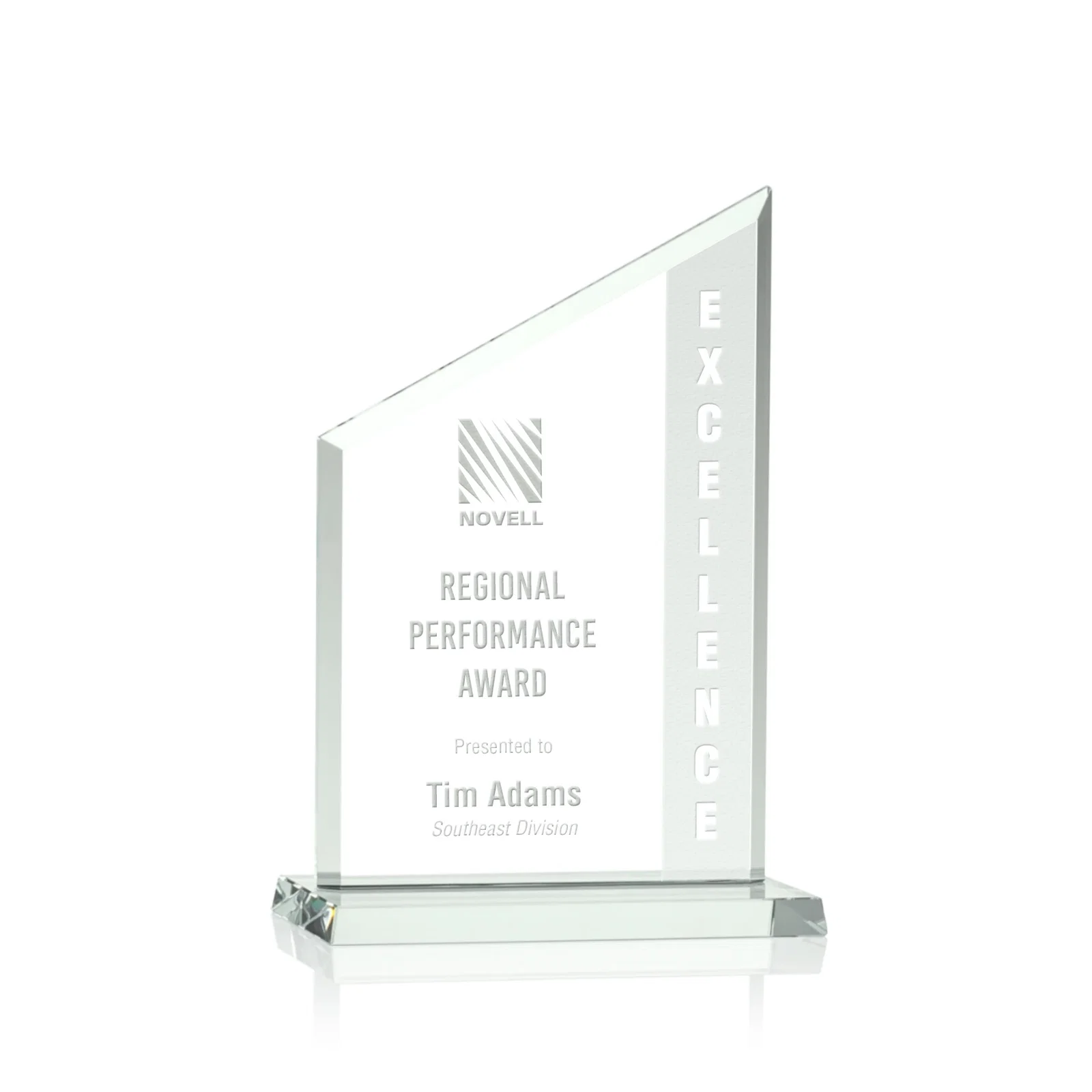 Customized Starfire Crystal Slant-Top Award on a Matching Beveled Base for retirement presentations