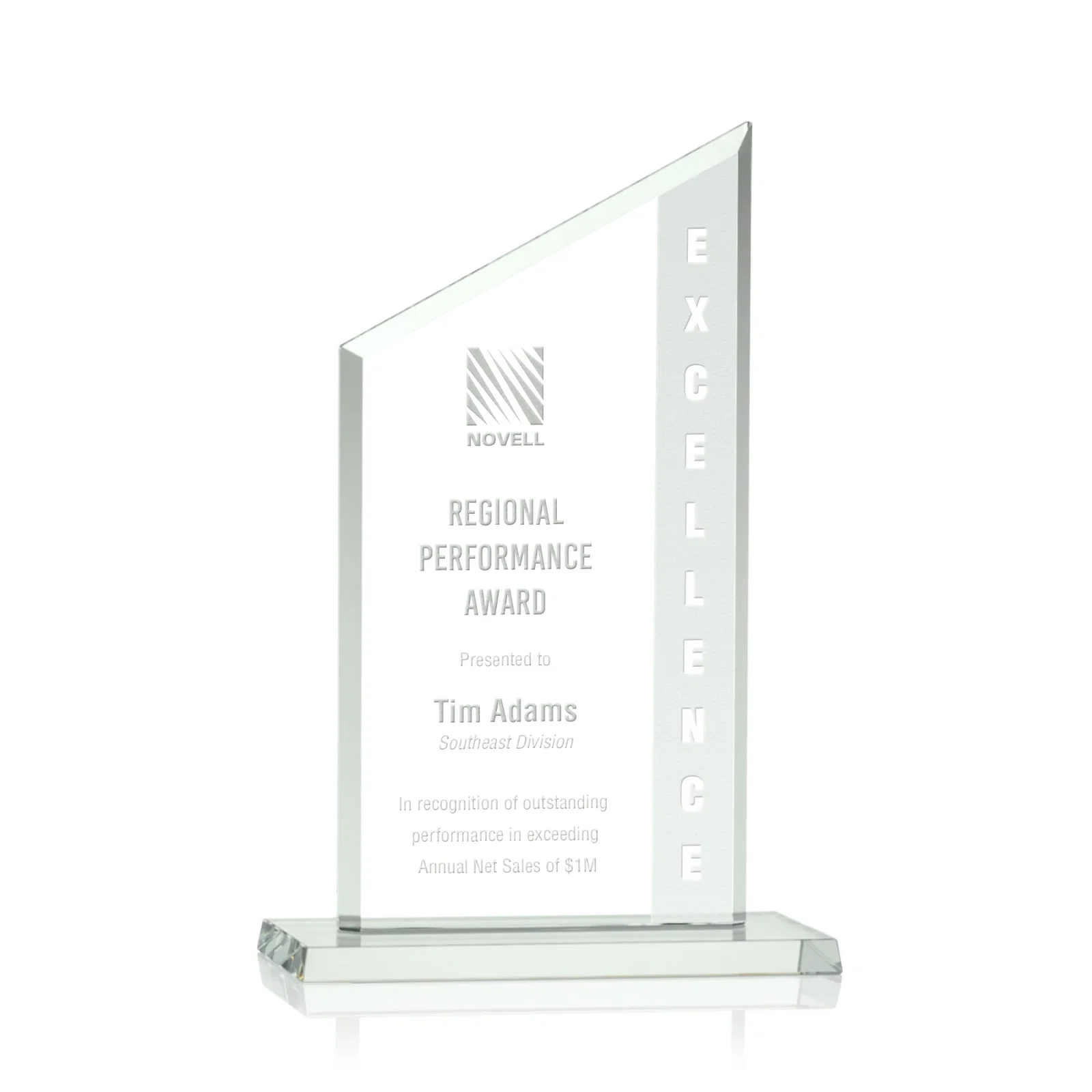 Customized Starfire Crystal Slant-Top Award on a Matching Beveled Base for team milestone celebrations
