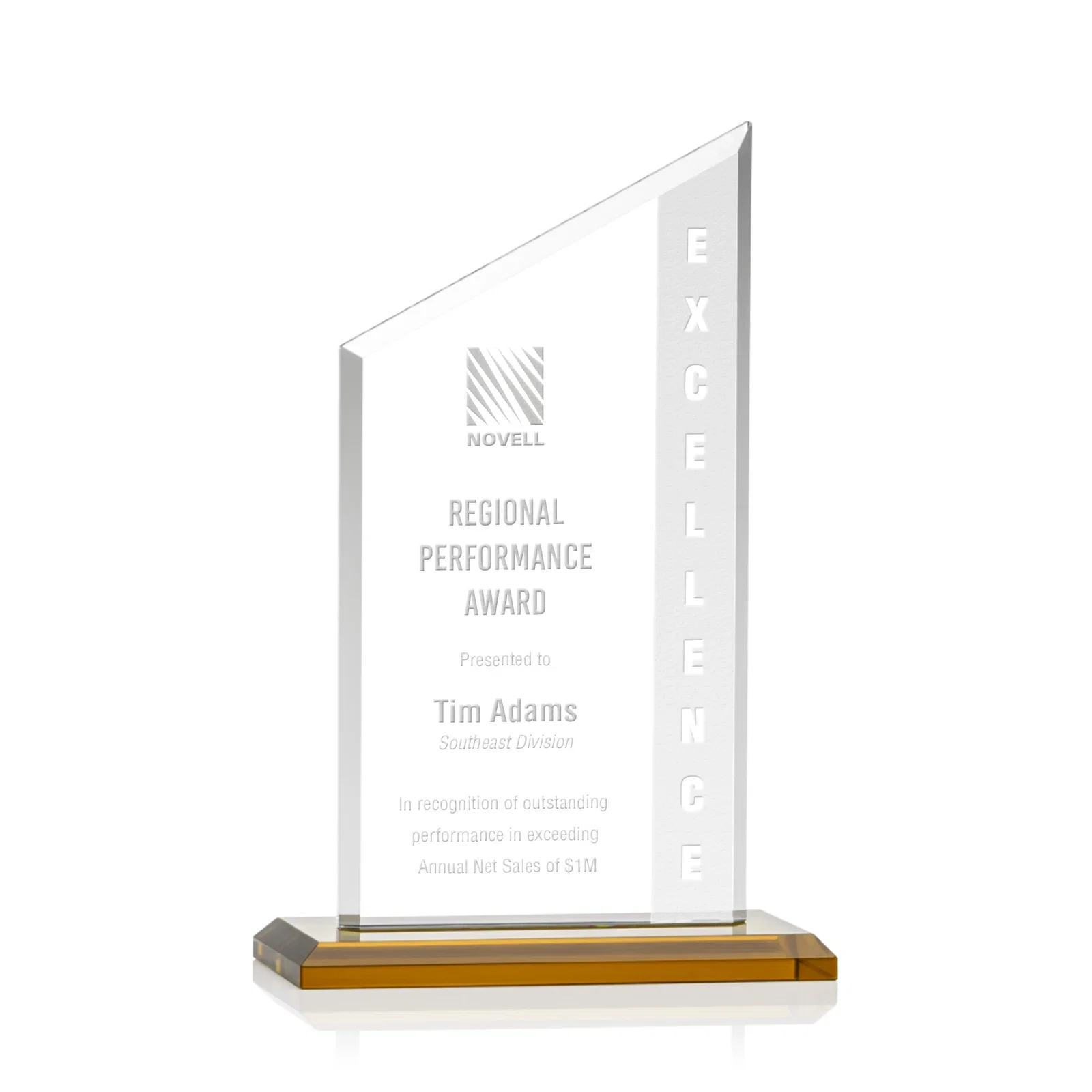 Custom Starfire Crystal Slant-Top Award on a Matching Beveled Base for donor appreciation