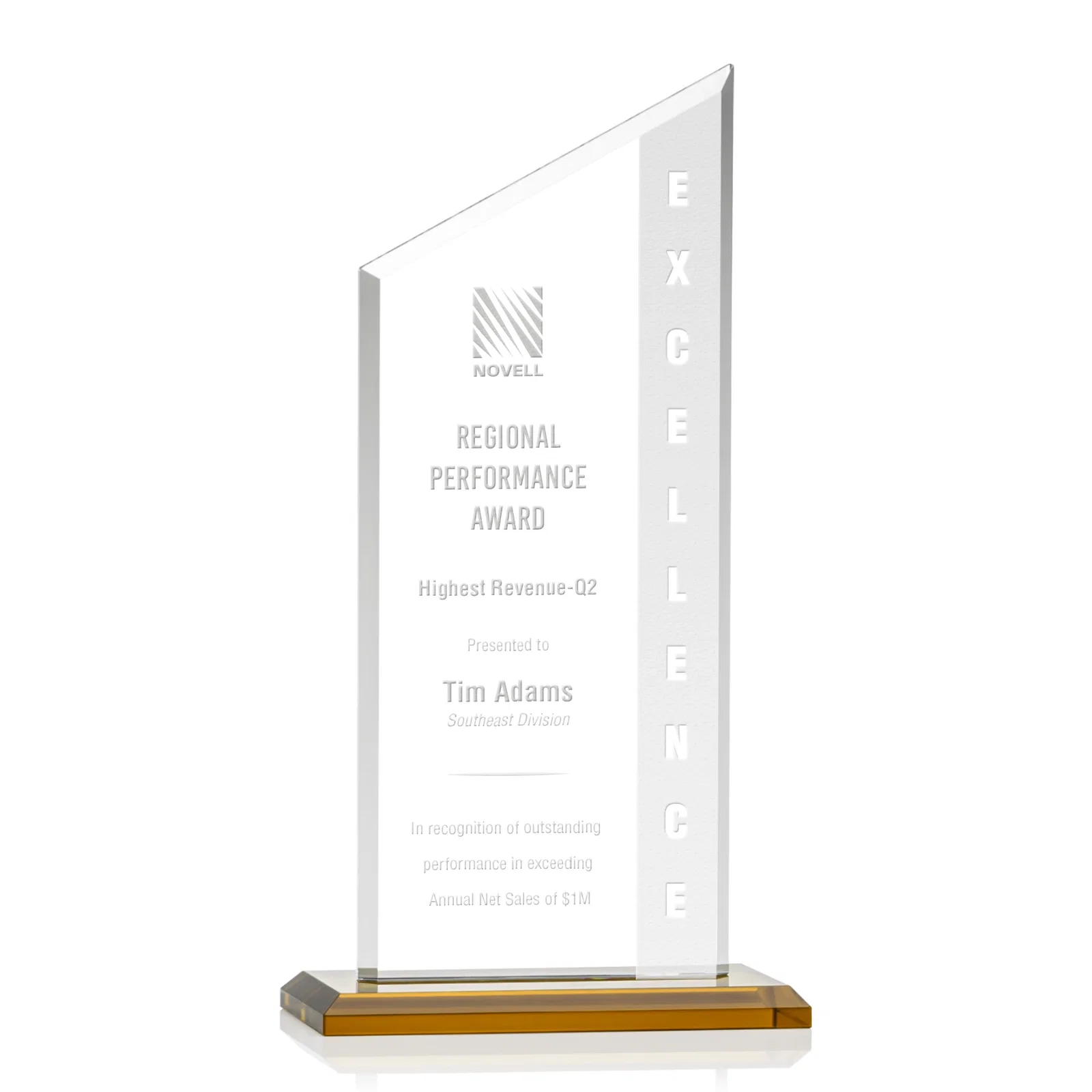 Custom Starfire Crystal Slant-Top Award on a Matching Beveled Base for graduation ceremonies